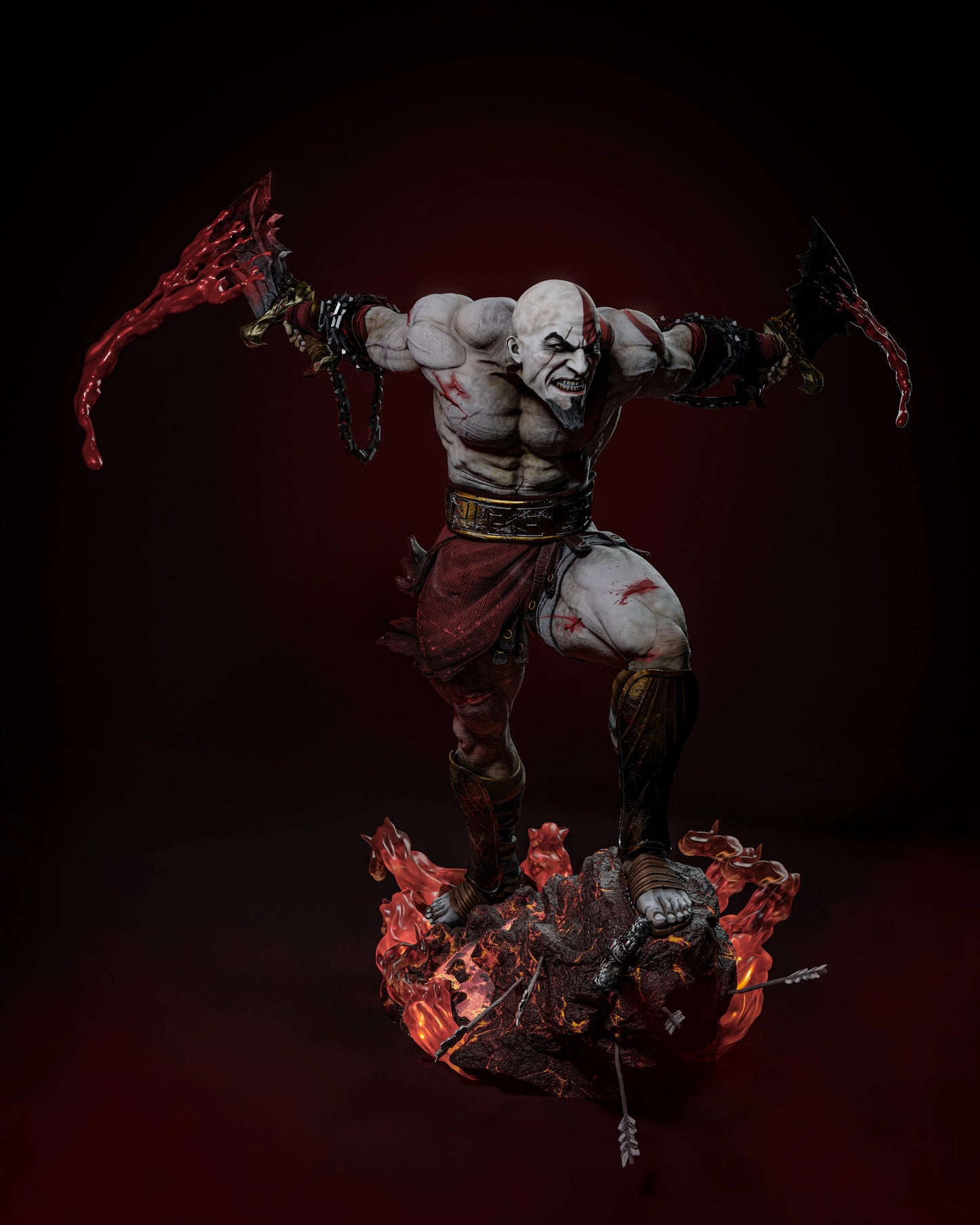 Detailed 3D model of Kratos in a battle pose, wielding his Blades of Chaos with blood effects, atop a molten rock base.