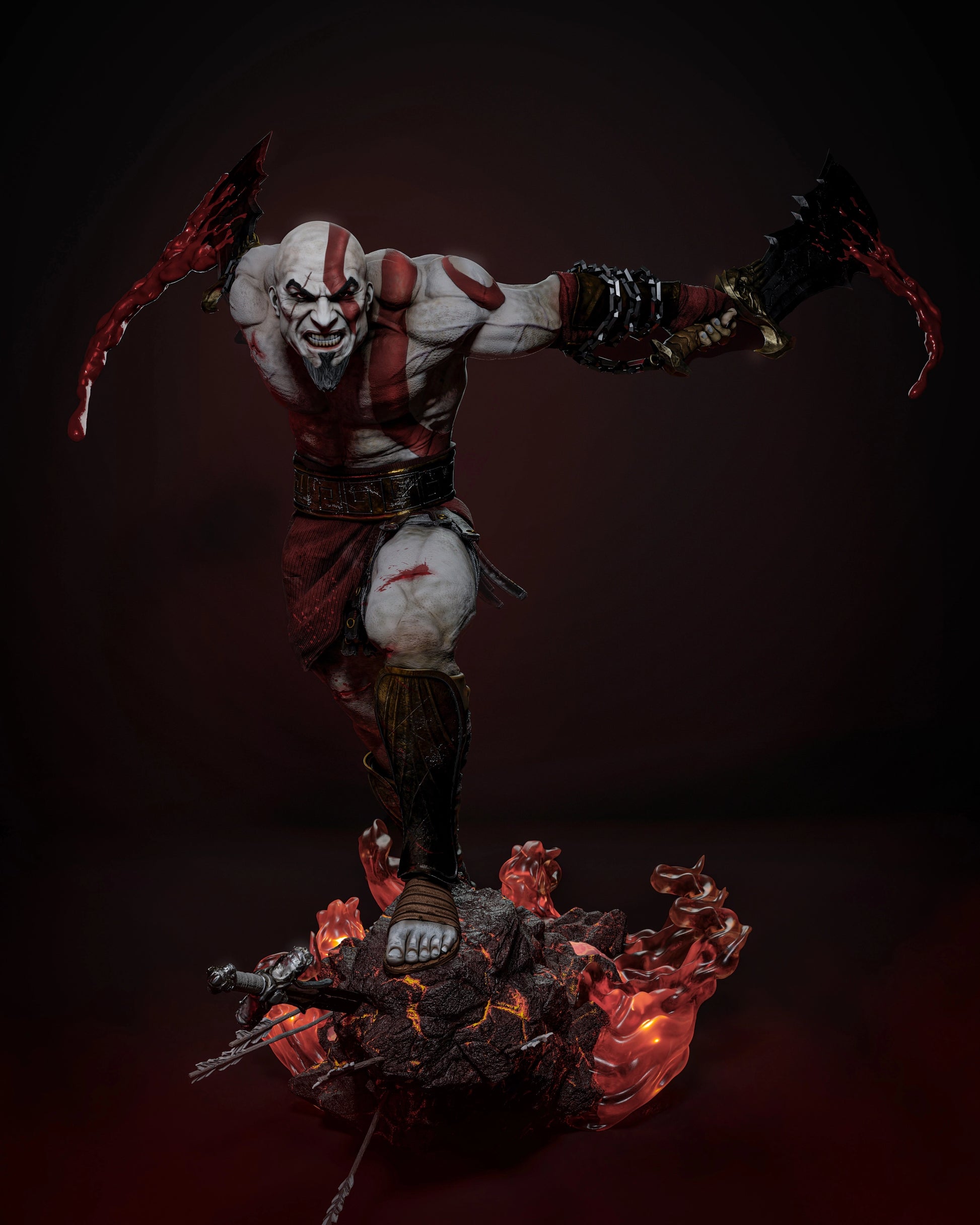 Front view of Kratos 3D model, showing his muscular build and aggressive stance, with blood-dripping Blades of Chaos.