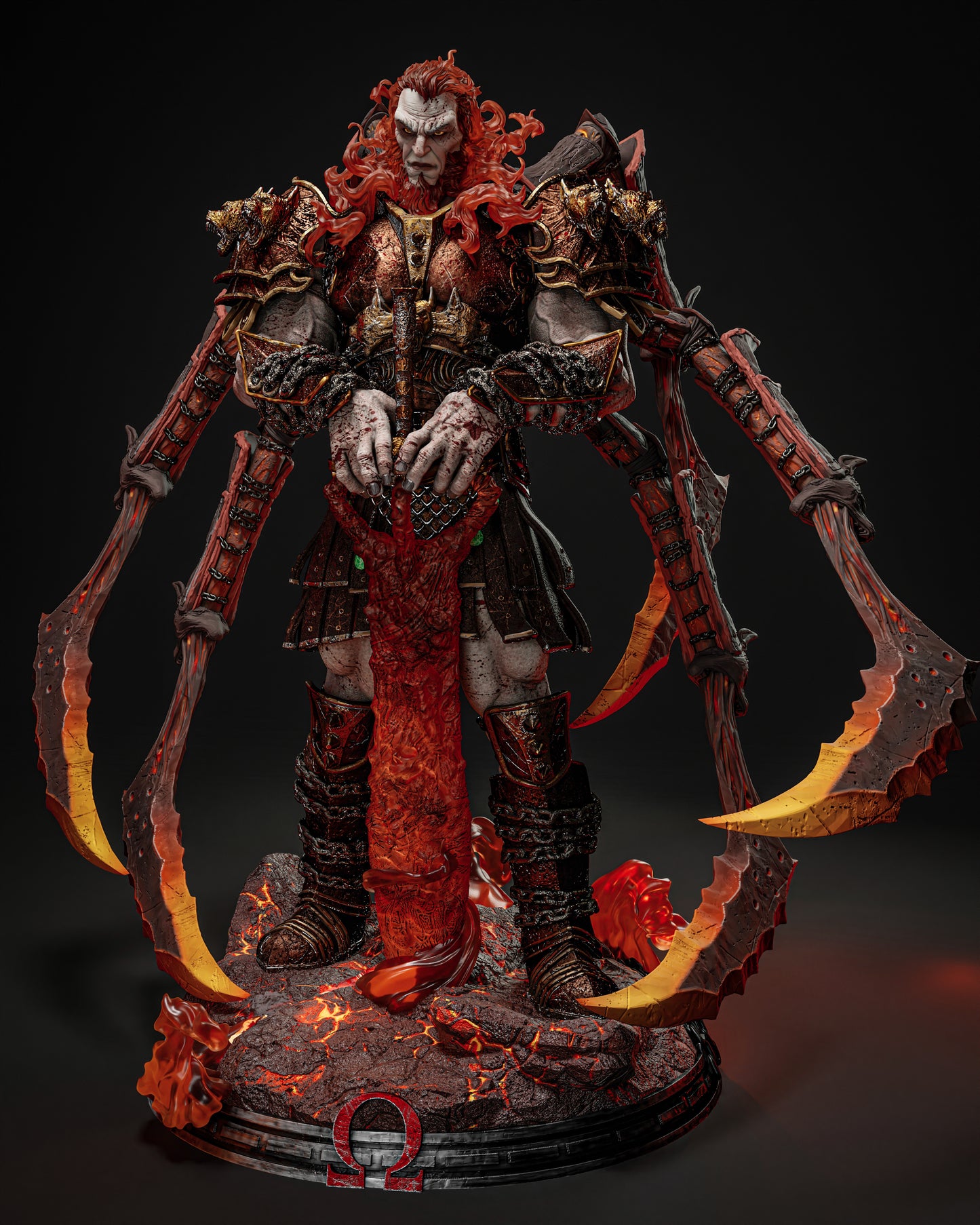 Full view of Ares resin figure from God of War, emphasizing the dramatic base and fiery red mane.