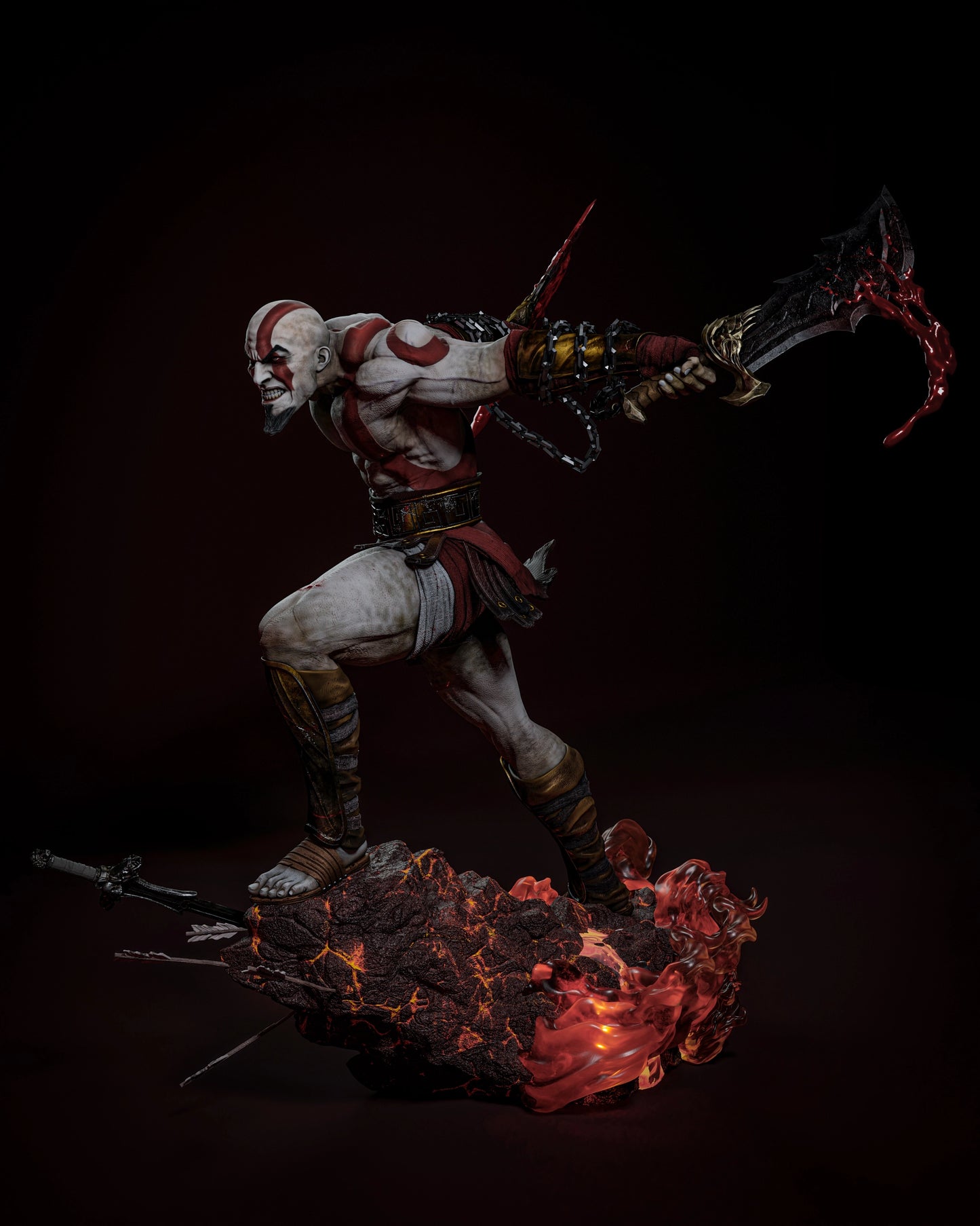 Side view of Kratos 3D printed model, highlighting his dynamic pose and detailed armor, standing on a rocky, lava-like base.