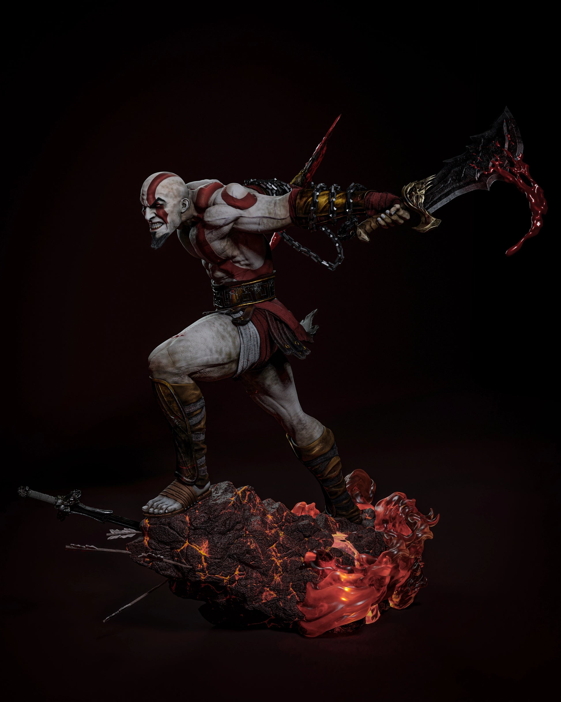 Side view of Kratos 3D printed model, highlighting his dynamic pose and detailed armor, standing on a rocky, lava-like base.