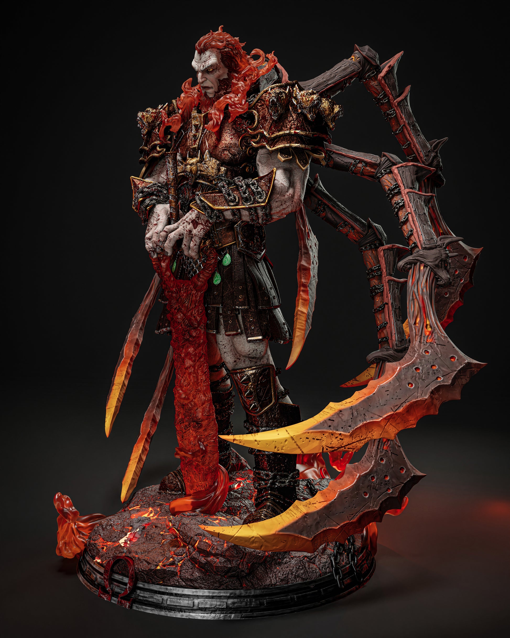 Side view of Ares resin figure by ZEZ Studios, showing the elaborate armor and dynamic blades.