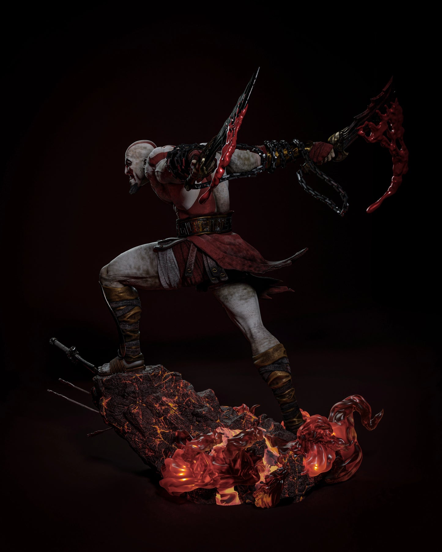 3D model of Kratos, displaying his intense expression and battle scars, holding the Blades of Chaos with chain details.