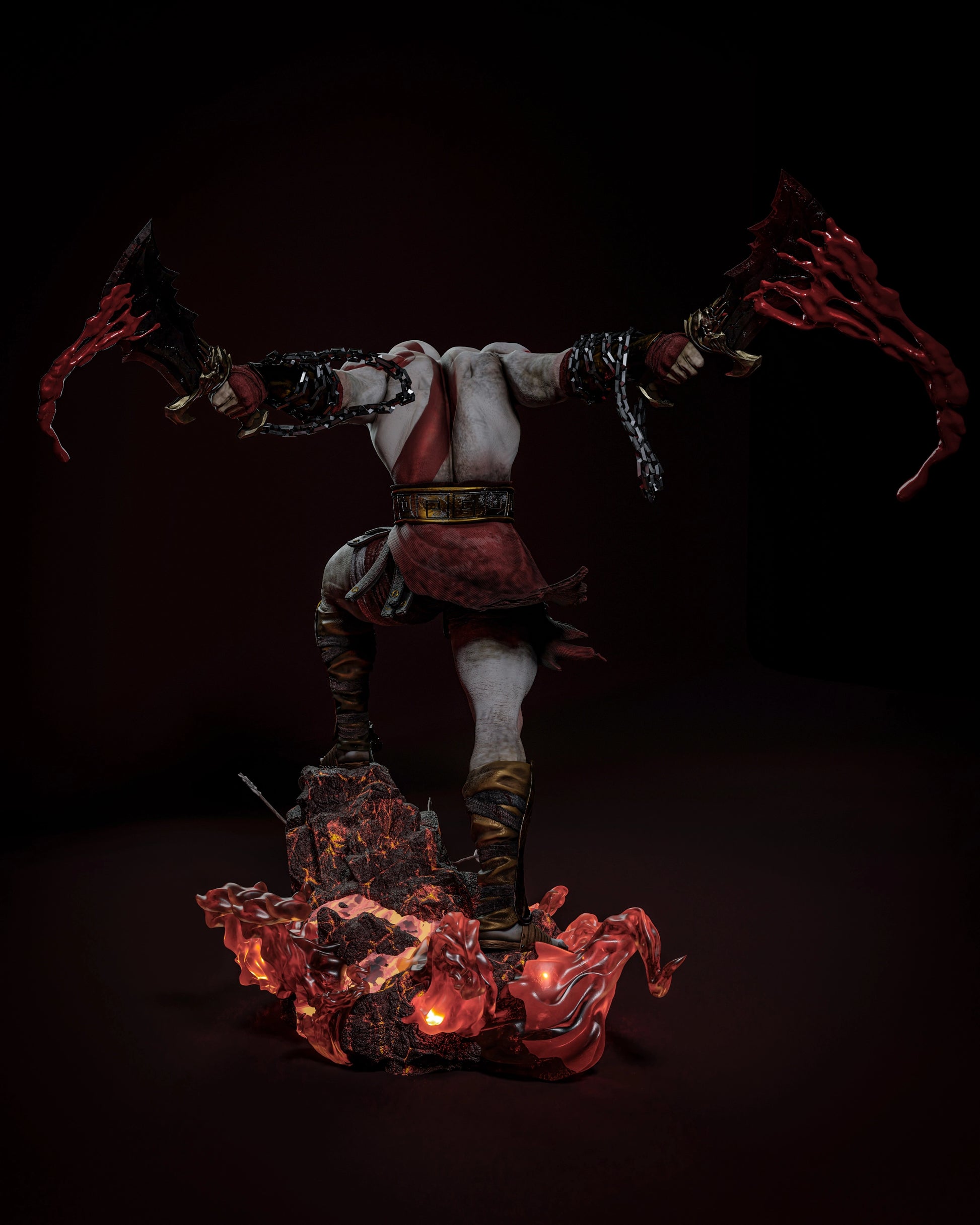 Rear view of Kratos 3D model, showcasing the intricate details of his armor and the fiery base with molten effects.