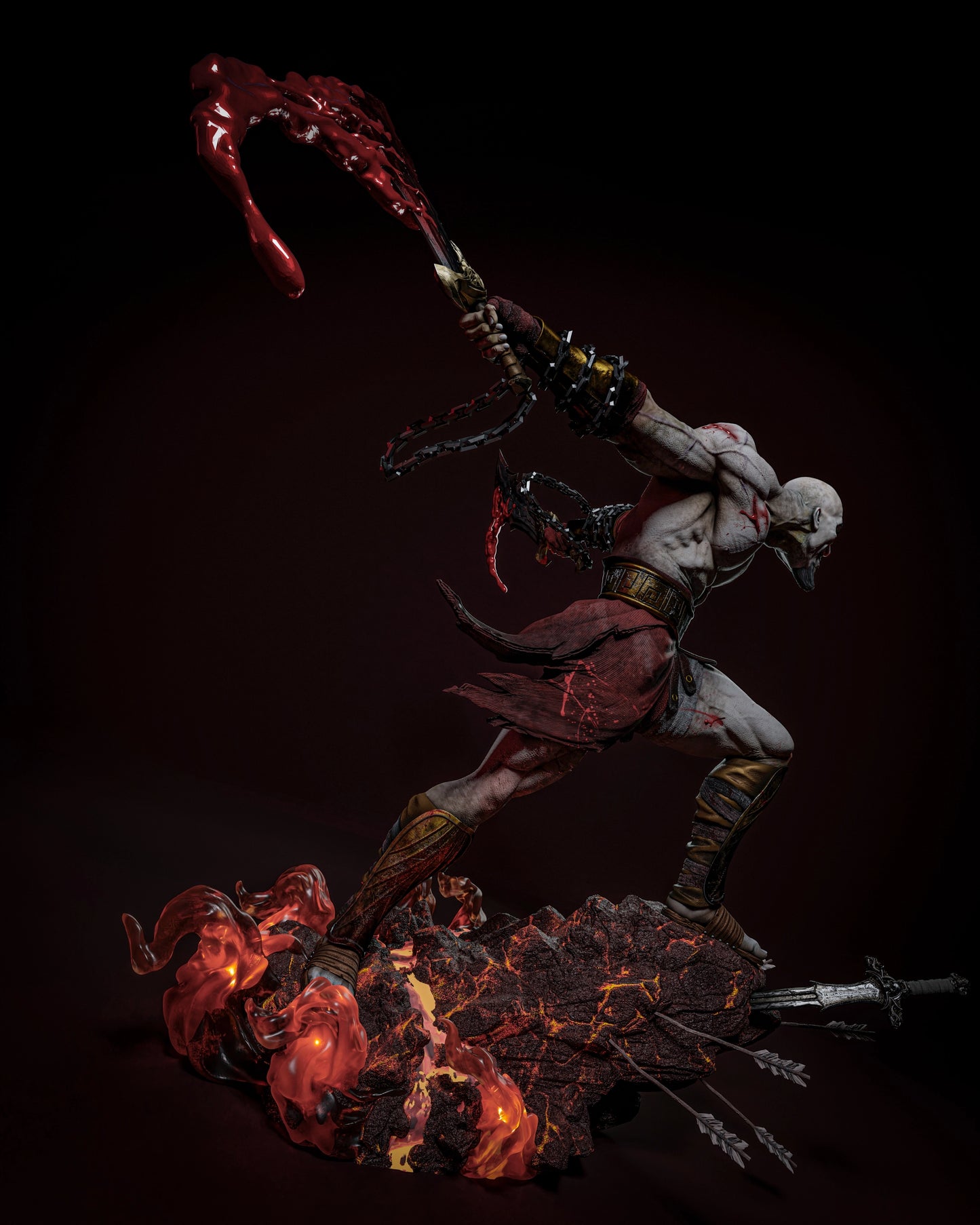 Kratos 3D printed figure in an action pose, with blood effects on his Blades of Chaos, standing on a detailed base with fiery elements.