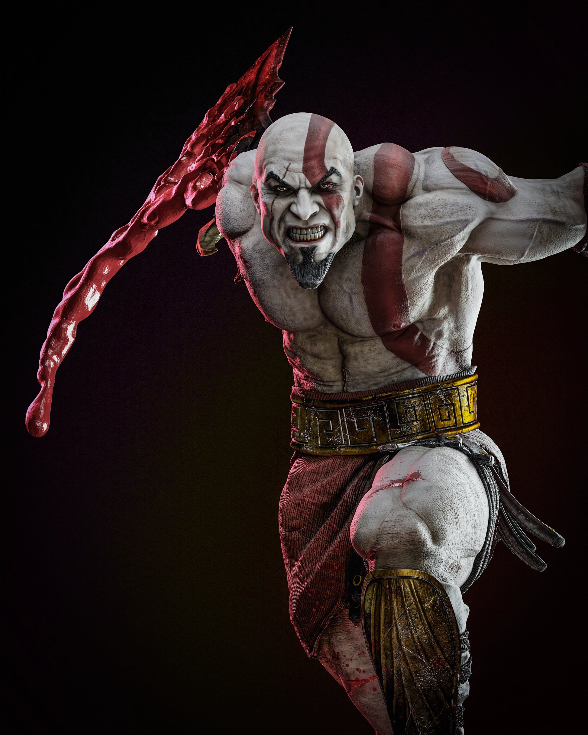 Close-up of Kratos from God of War, showing his intense expression and blood-streaked Blade of Chaos.