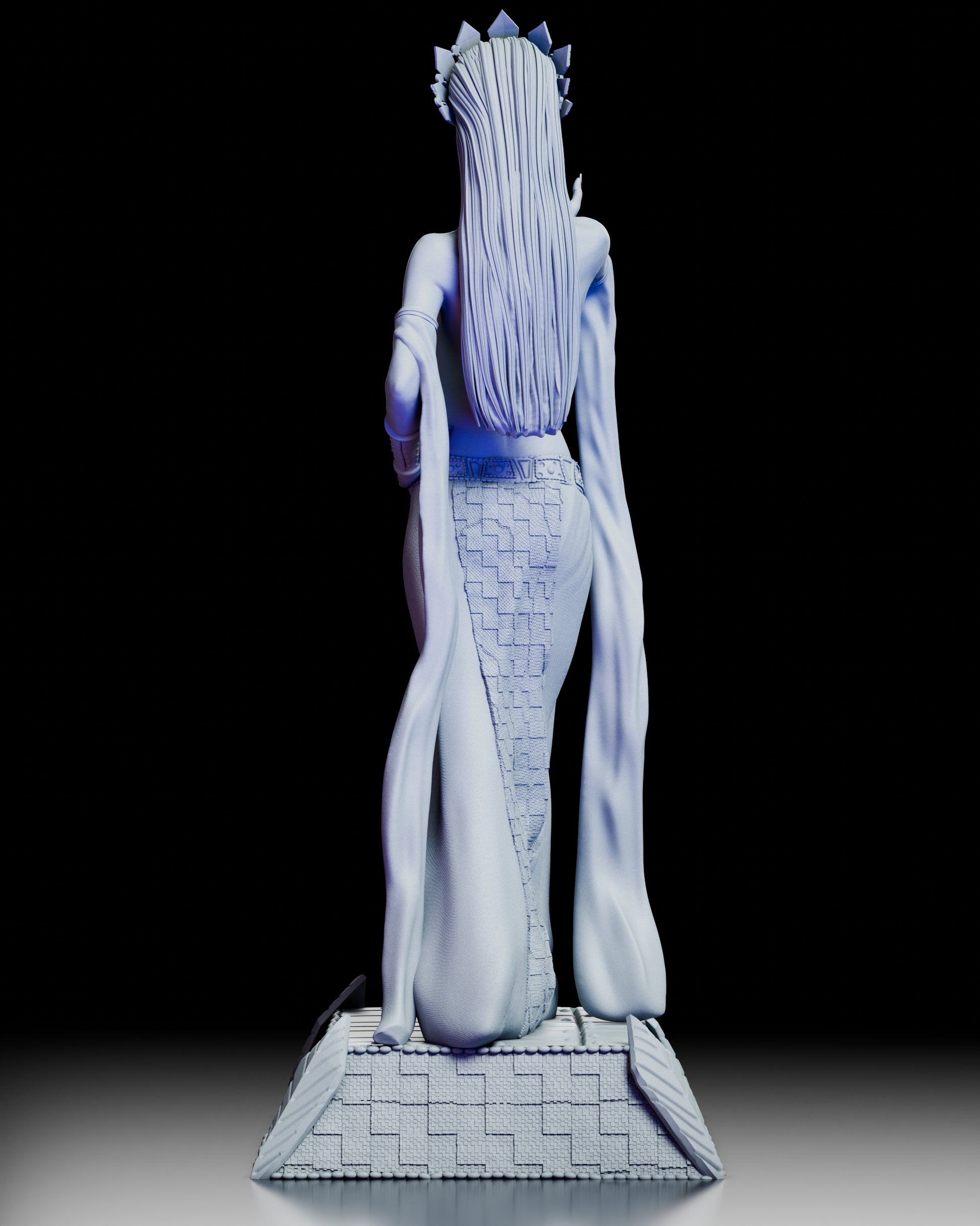 Rear view of Akasha, Queen of the Damned showing intricate hair sculpt and textured gown patterns