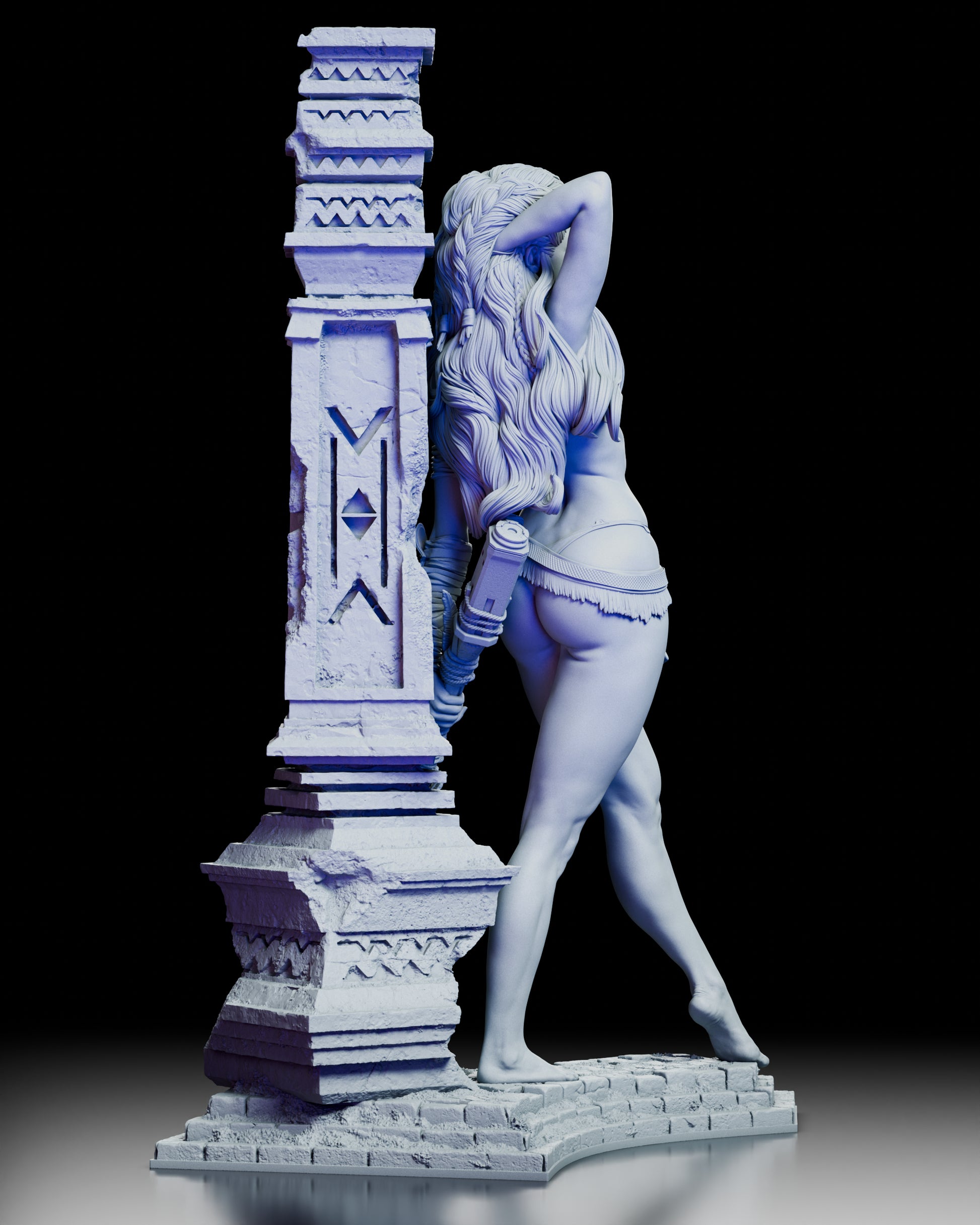 Rear view of Aloy figure kit showing flowing hair and intricate pillar texture behind her pose