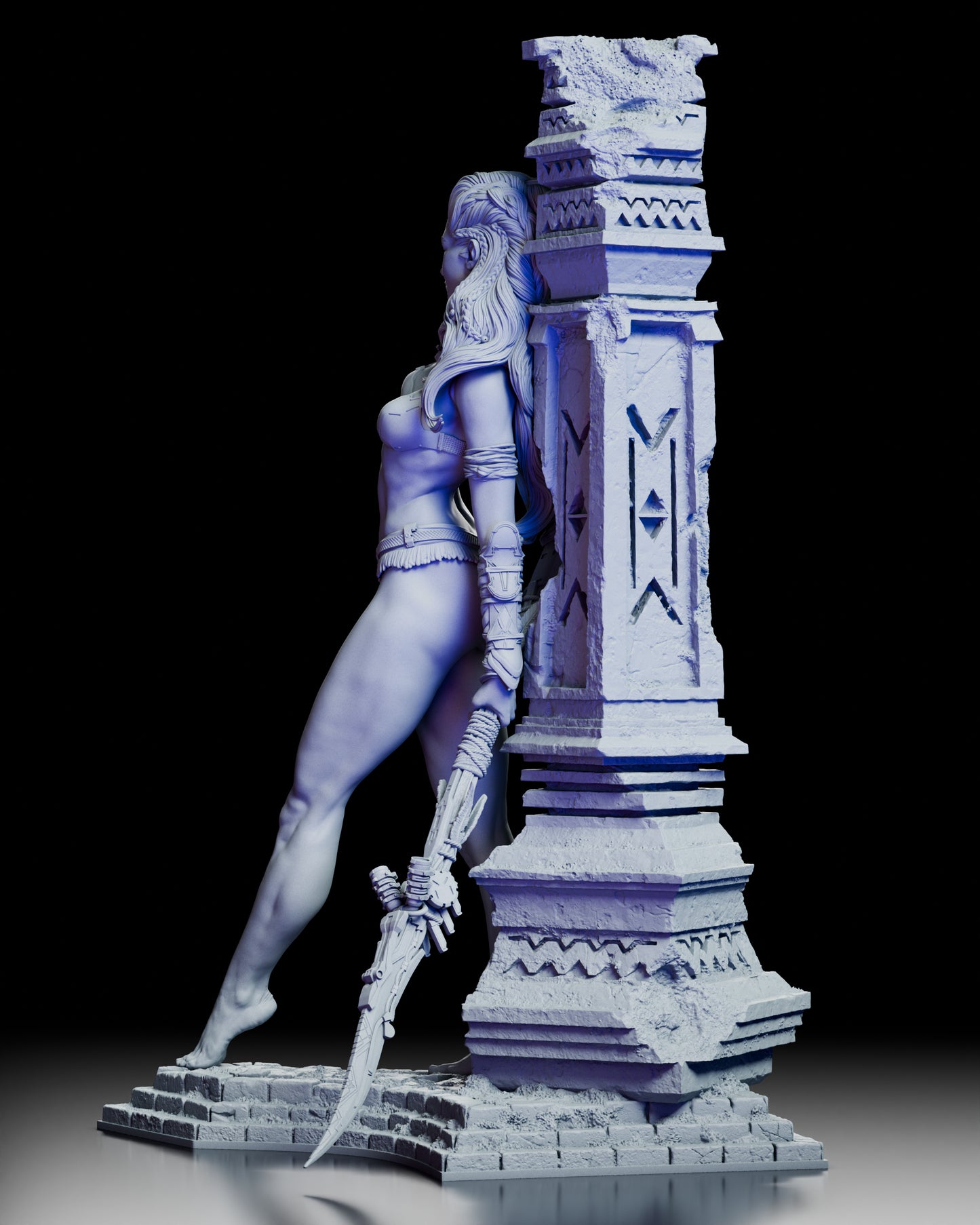 Left side view of Aloy figure kit highlighting pose, detailed hair, and textured base
