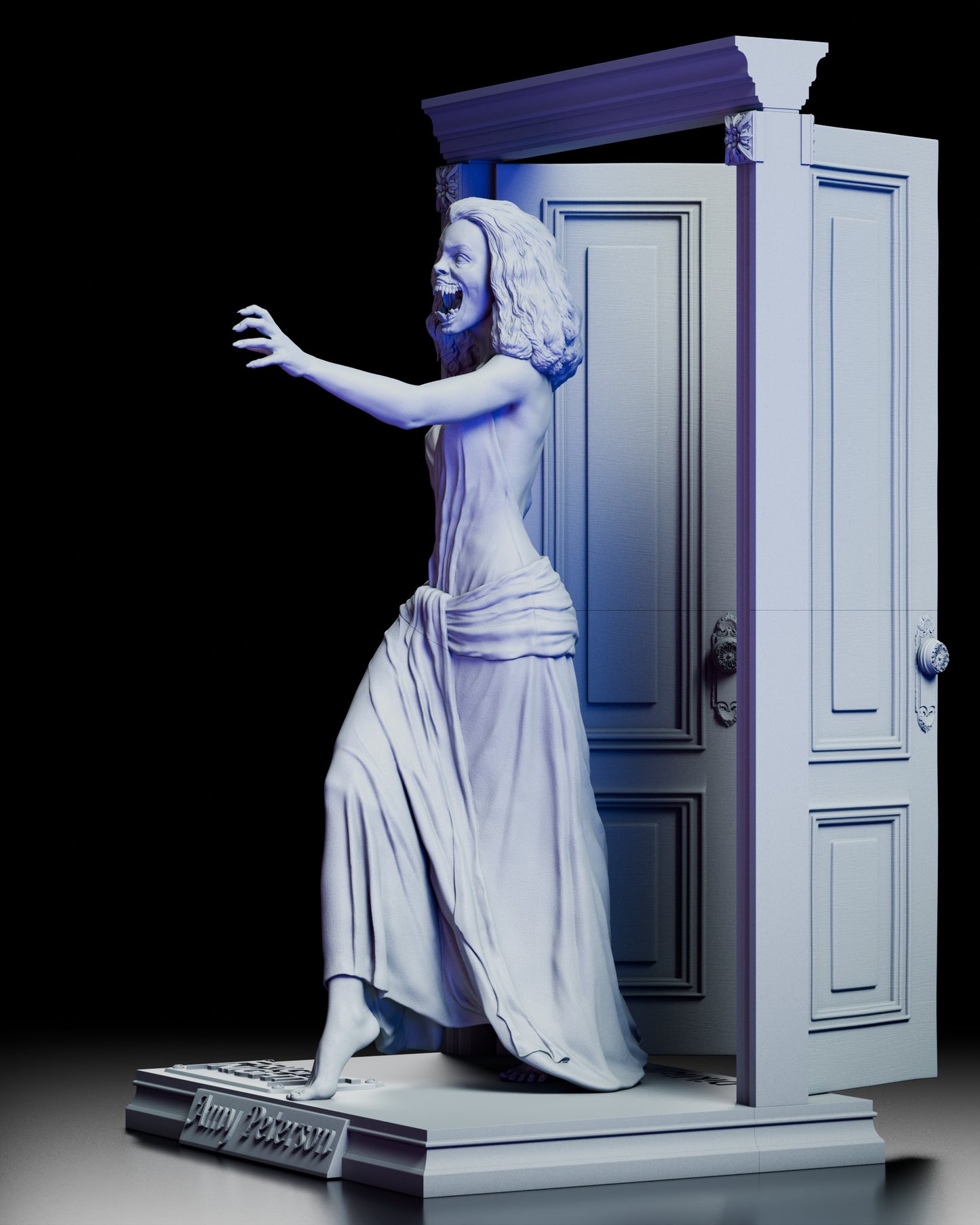 Left side view of the Amy Peterson Fright Night maquette showing her outstretched arm, vampiric expression, and detailed door paneling.