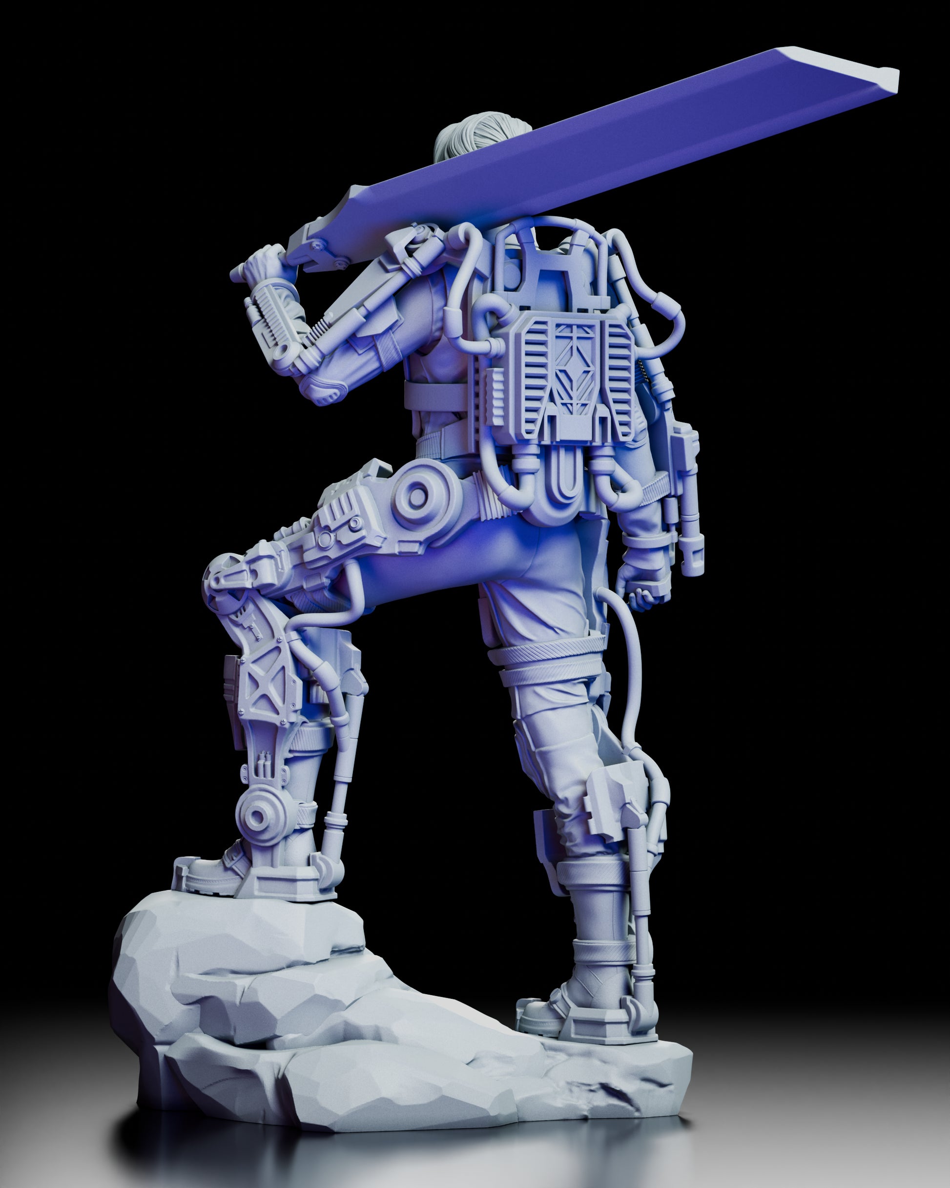 Rear view of Rita Vrataski figure in exo-suit standing on rubble with sword resting on shoulder