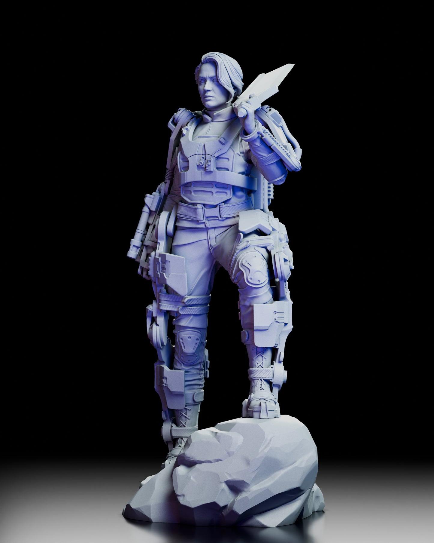 Left profile of sci-fi exo-suit figure showing mechanical detail and powerful stance