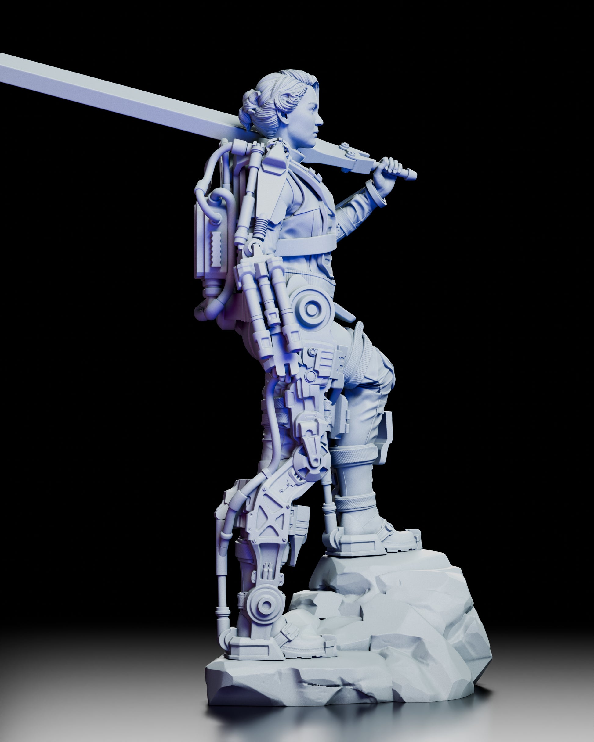 Right angled view of Rita Vrataski figurine highlighting armor textures and large sword