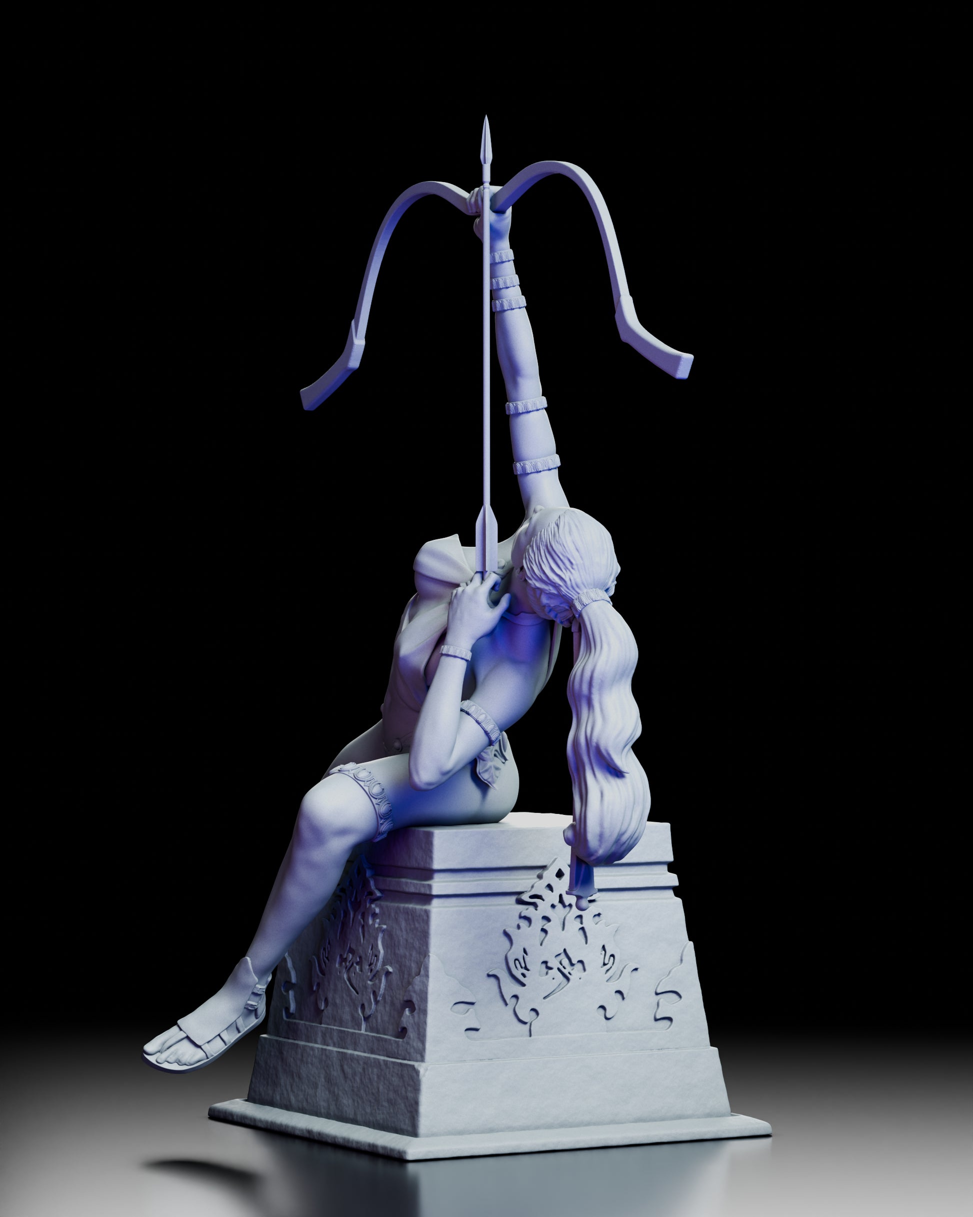 Left profile view of The Archer resin statue displaying the dynamic curvature and ornate base details