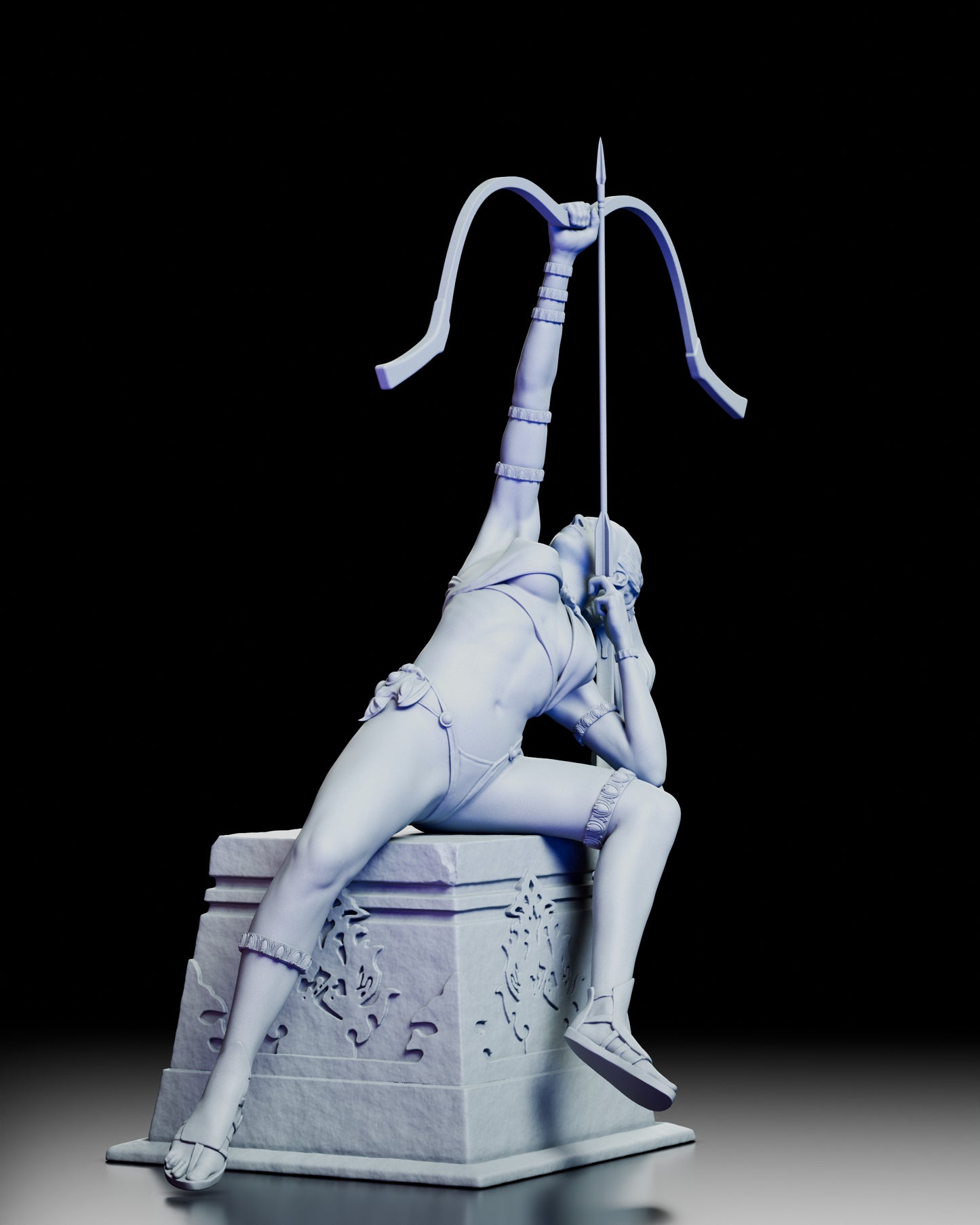 Right side view of The Archer sculpture highlighting the goddess’s elegant arching pose and flowing hair