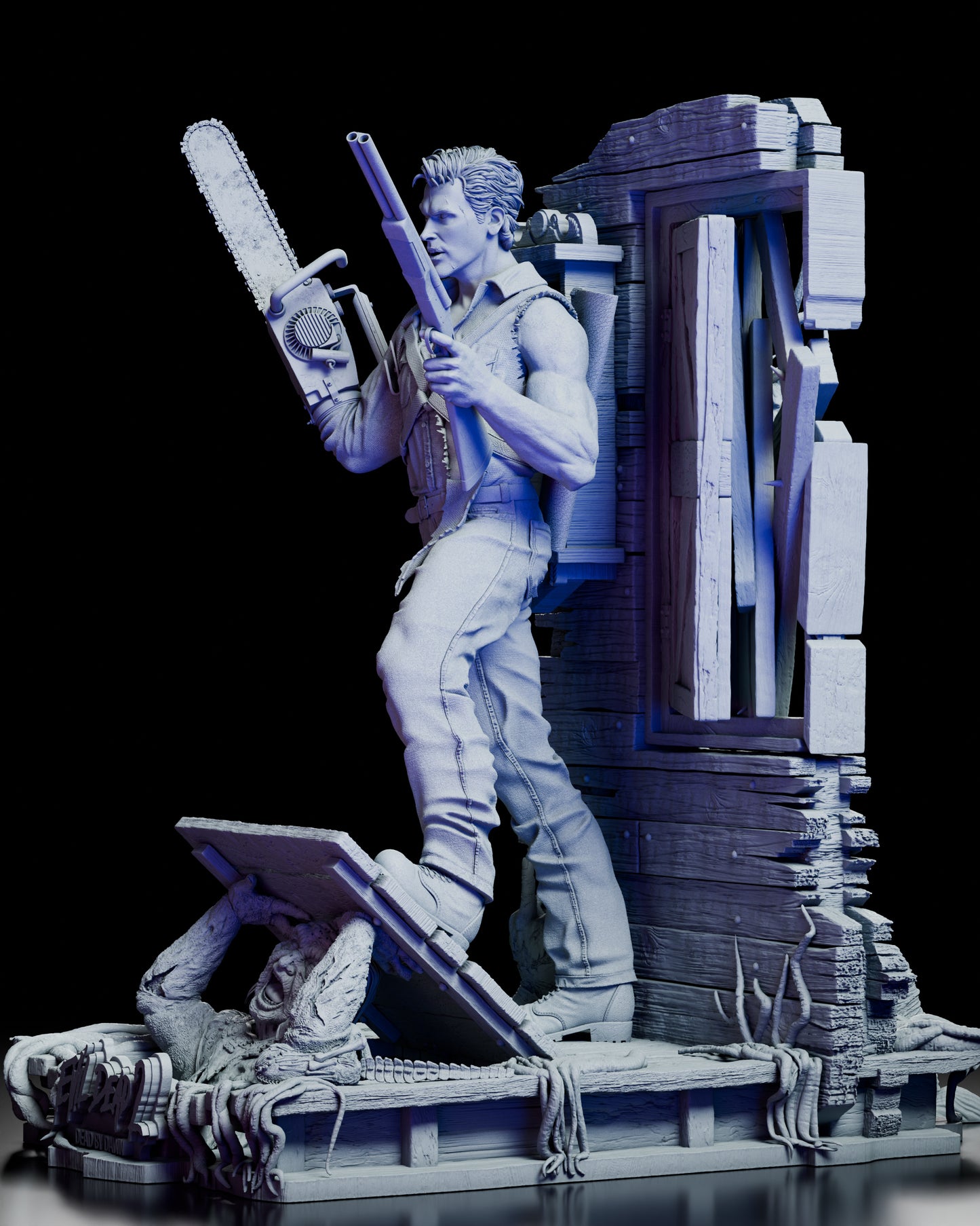 Left profile of the Ash Evil Dead 2 diorama featuring Ash’s detailed pose, cabin wall textures, and sculpted Deadite base
