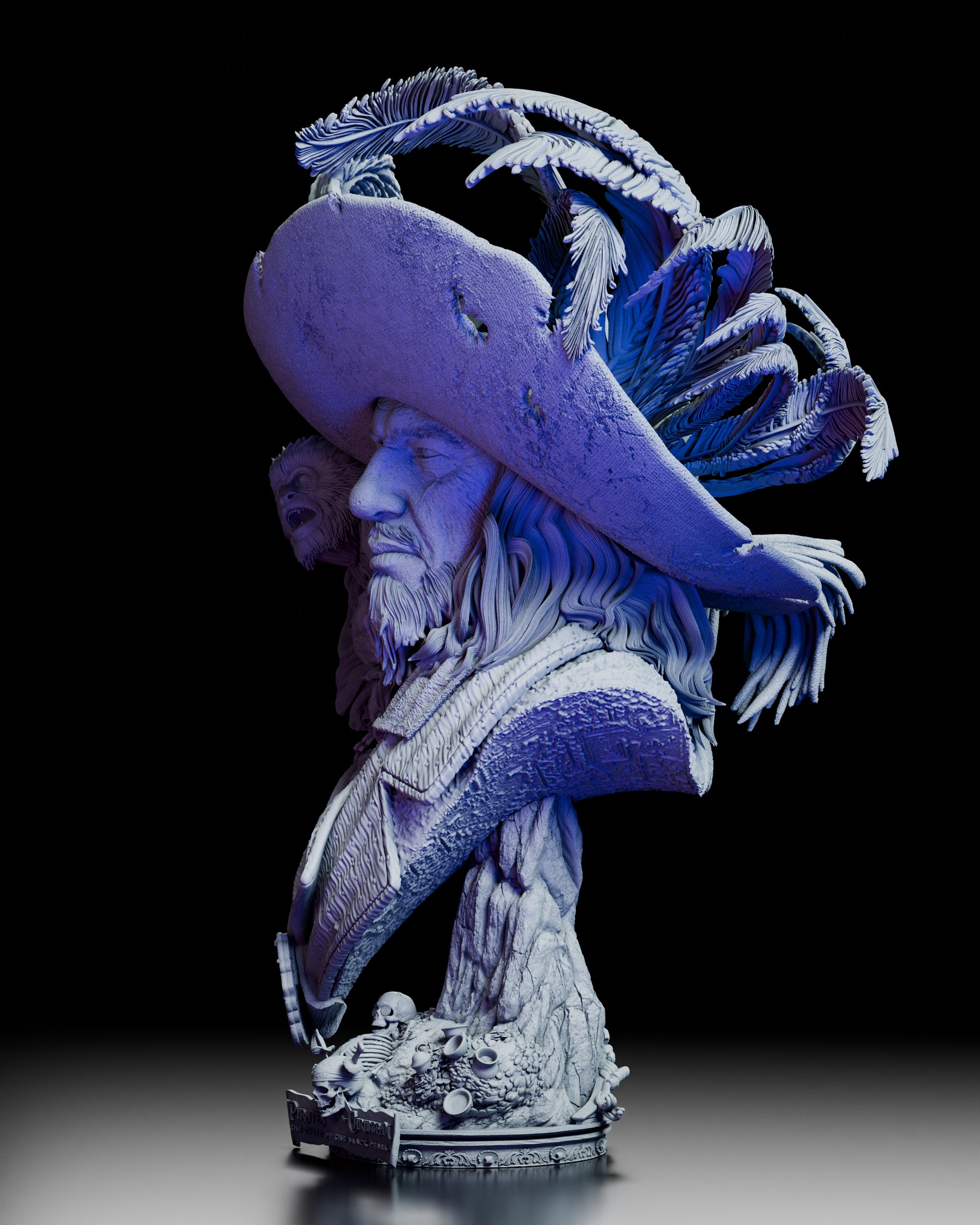 Left side profile of Captain Hector Barbosa Bust Kit highlighting weathered hat, feathers, and layered textures of coat and hair
