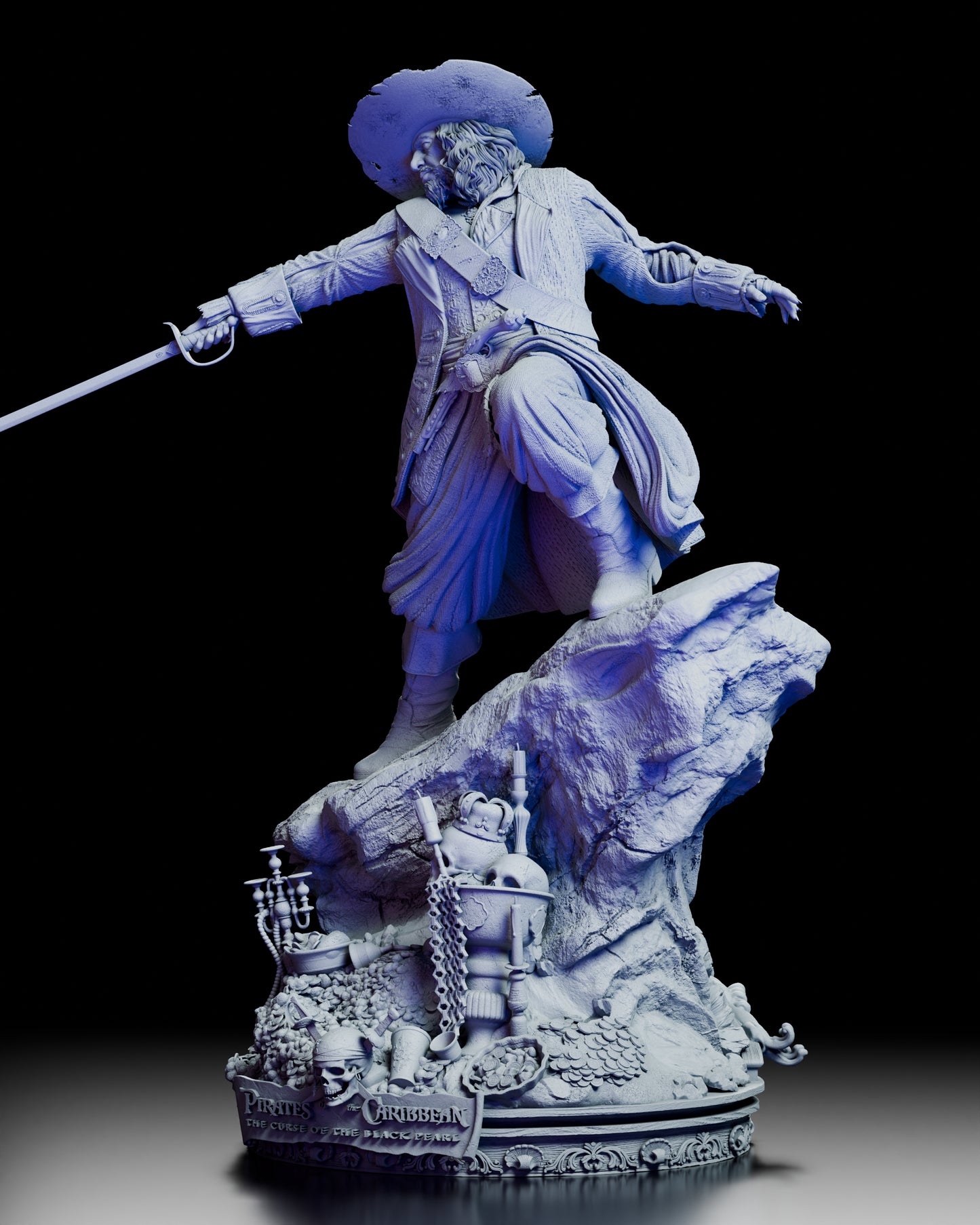 Left side angle of Captain Barbosa highlighting his extended sword and dynamic pose atop the rocky base