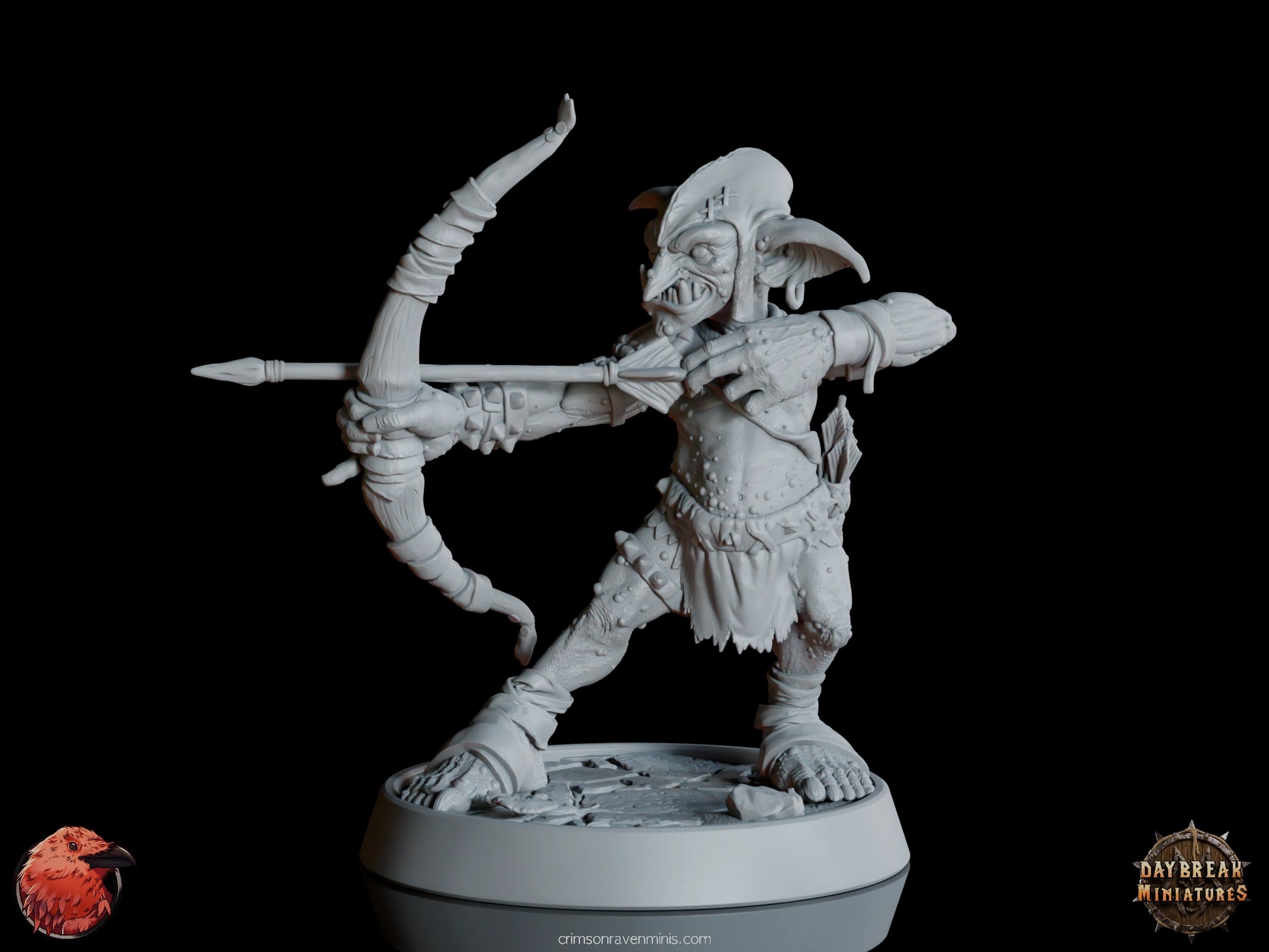 Benjagr da Traedzle goblin archer aiming with a bow, front view  