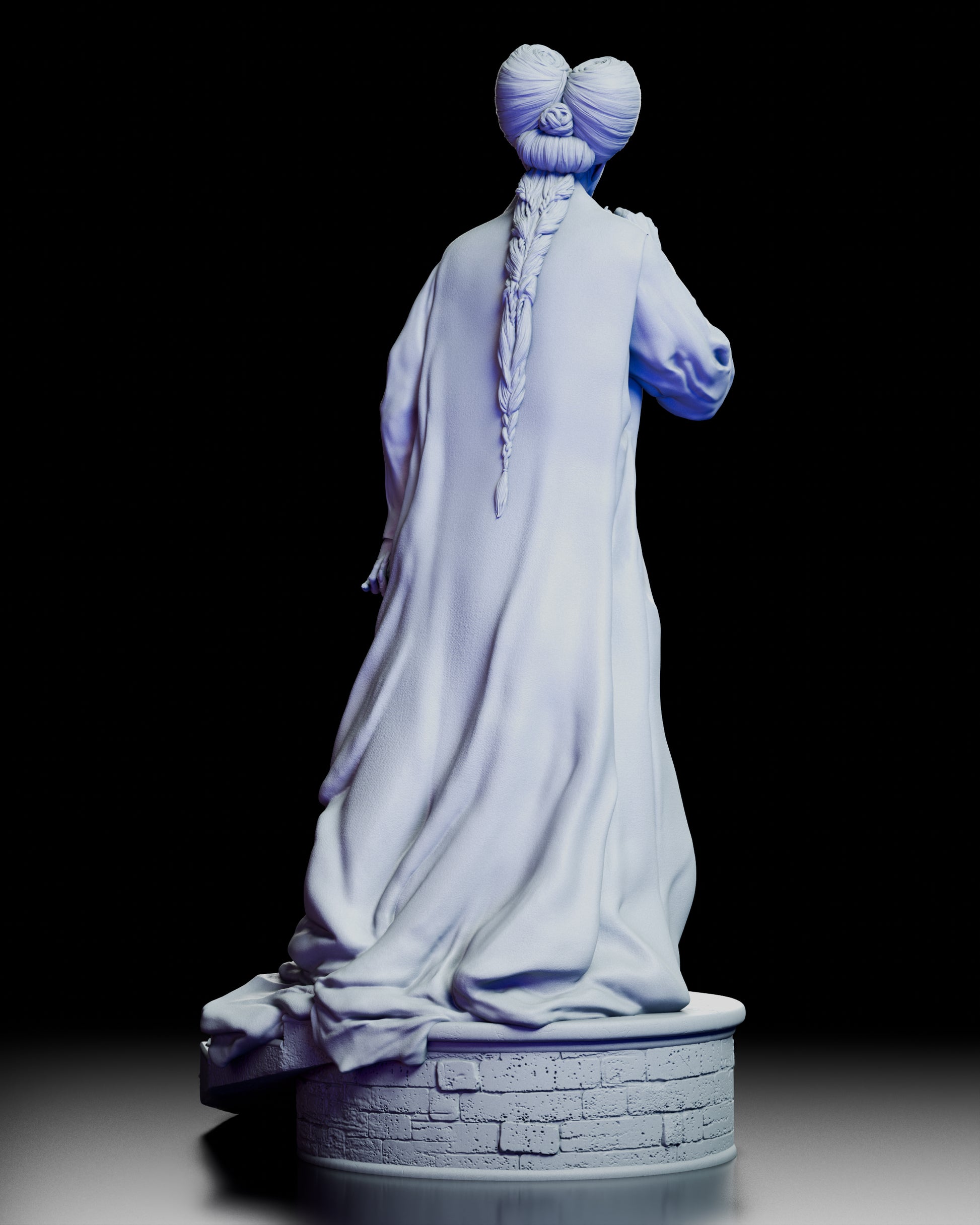 Back view of Dracula maquette showing detailed braid and flowing robe on brick platform