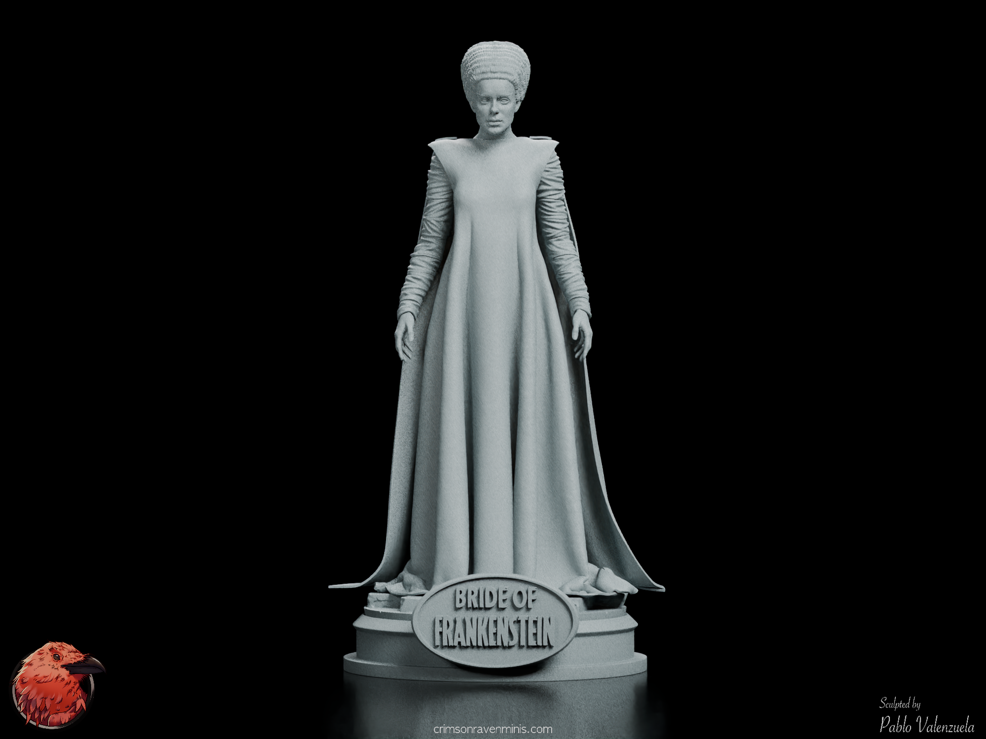 Front view of The Bride of Frankenstein figure kit, capturing the character’s iconic look and sorrowful expression in exquisite detail.