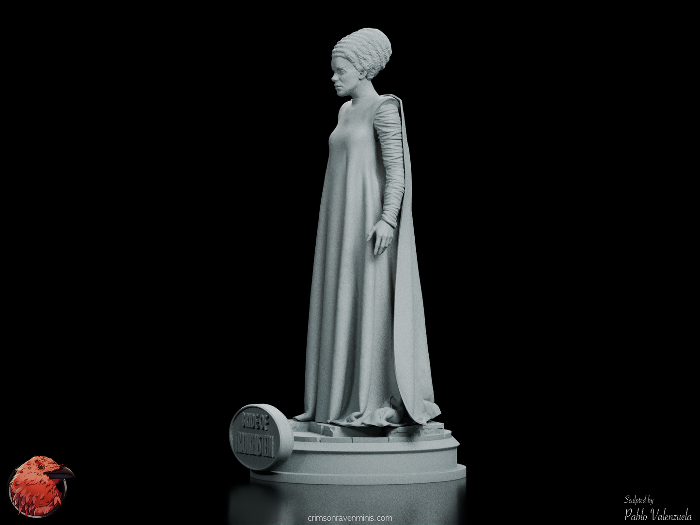 Left front angle of The Bride of Frankenstein figure kit, highlighting the character’s delicate expression and intricate gown details