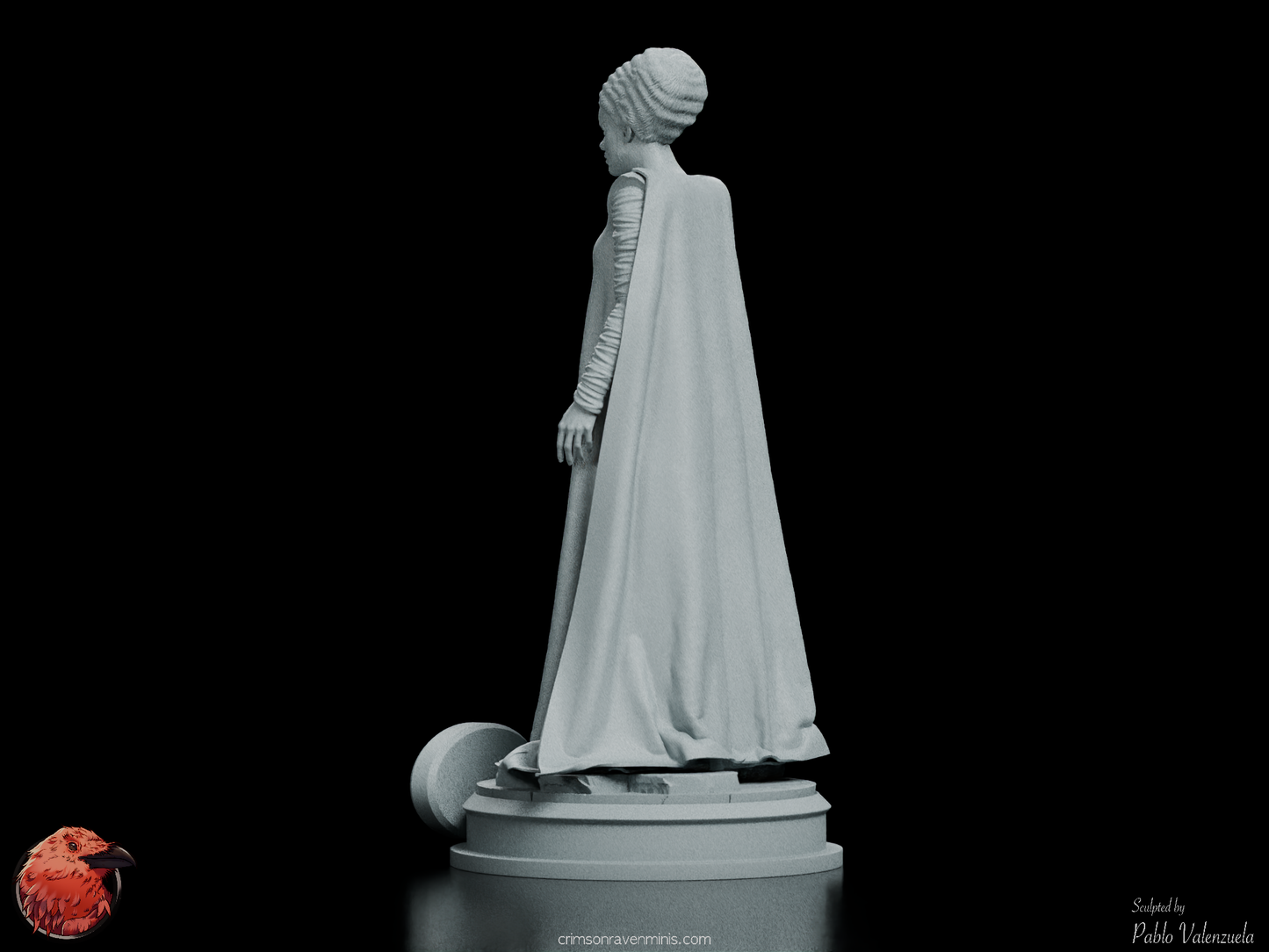 Left rear angle of The Bride of Frankenstein figure kit, capturing the flowing gown and the fine sculpting of her iconic hairstyle.