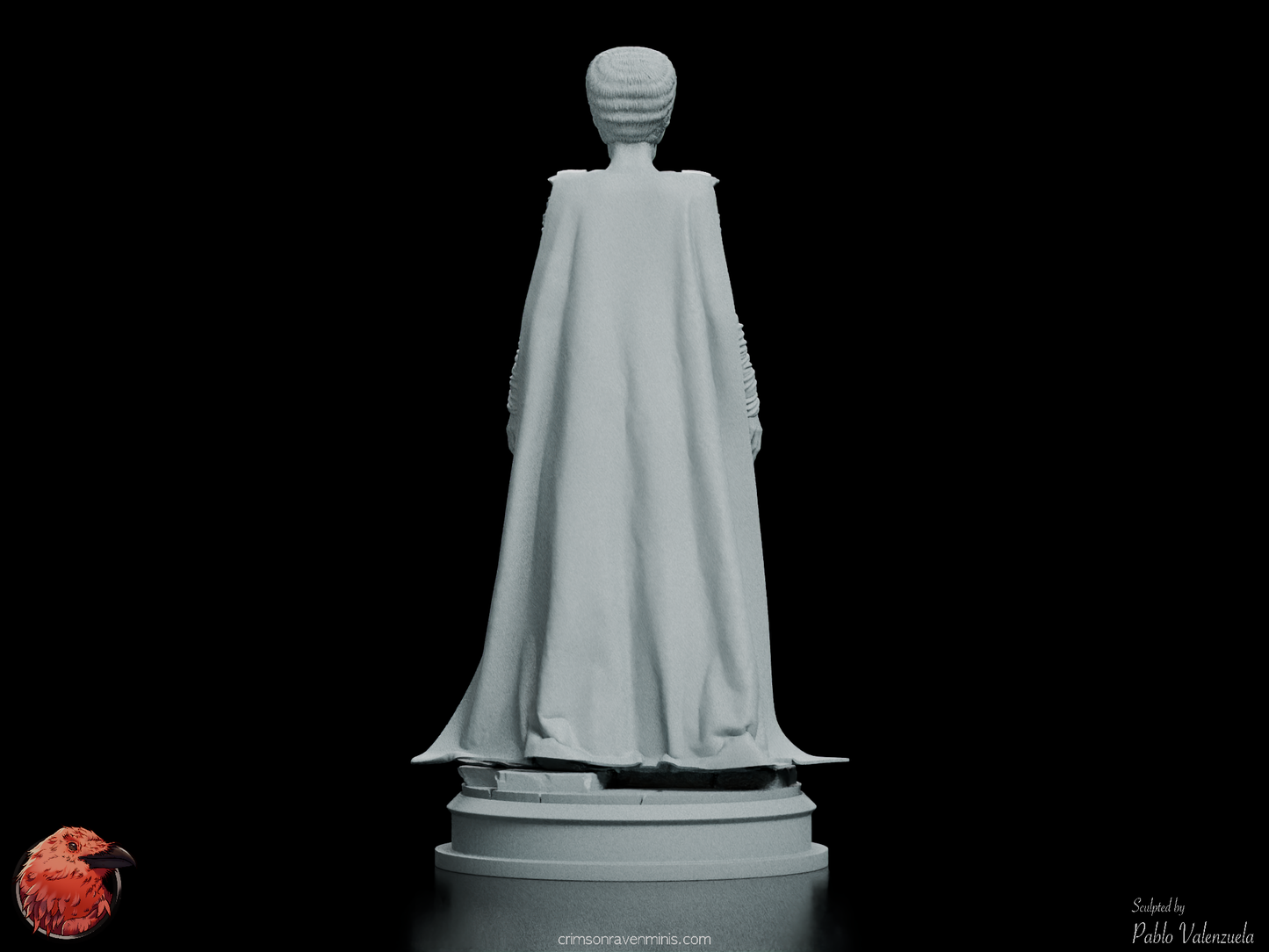 Rear view of The Bride of Frankenstein figure kit, showcasing the elegant lines of her gown and meticulous craftsmanship