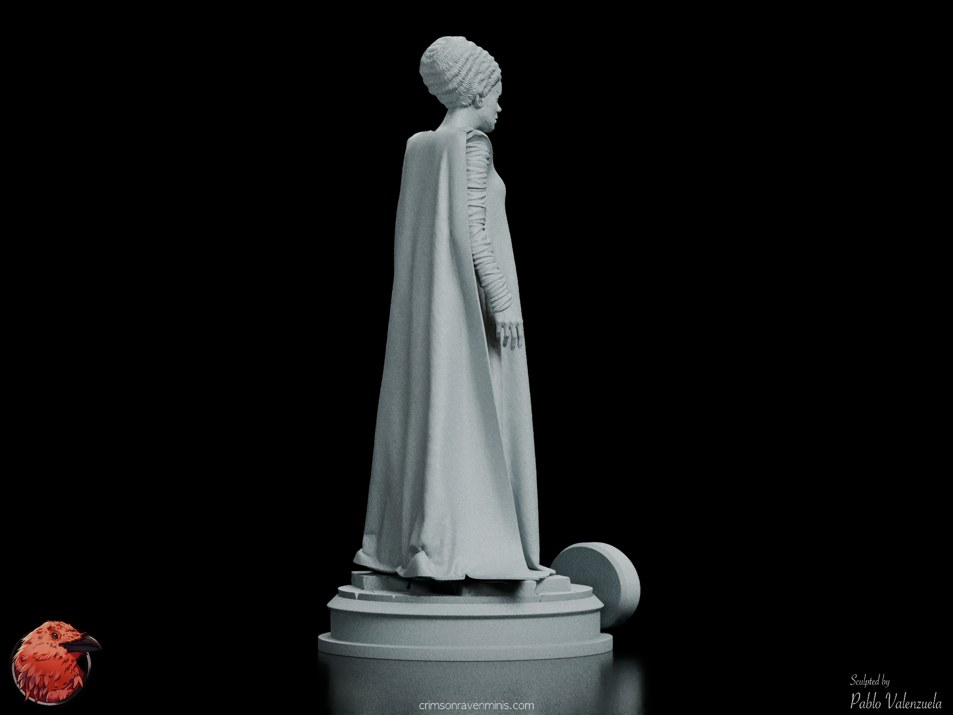 Right rear angle of The Bride of Frankenstein figure kit, emphasizing the textured gown and the unique details of her iconic hair.