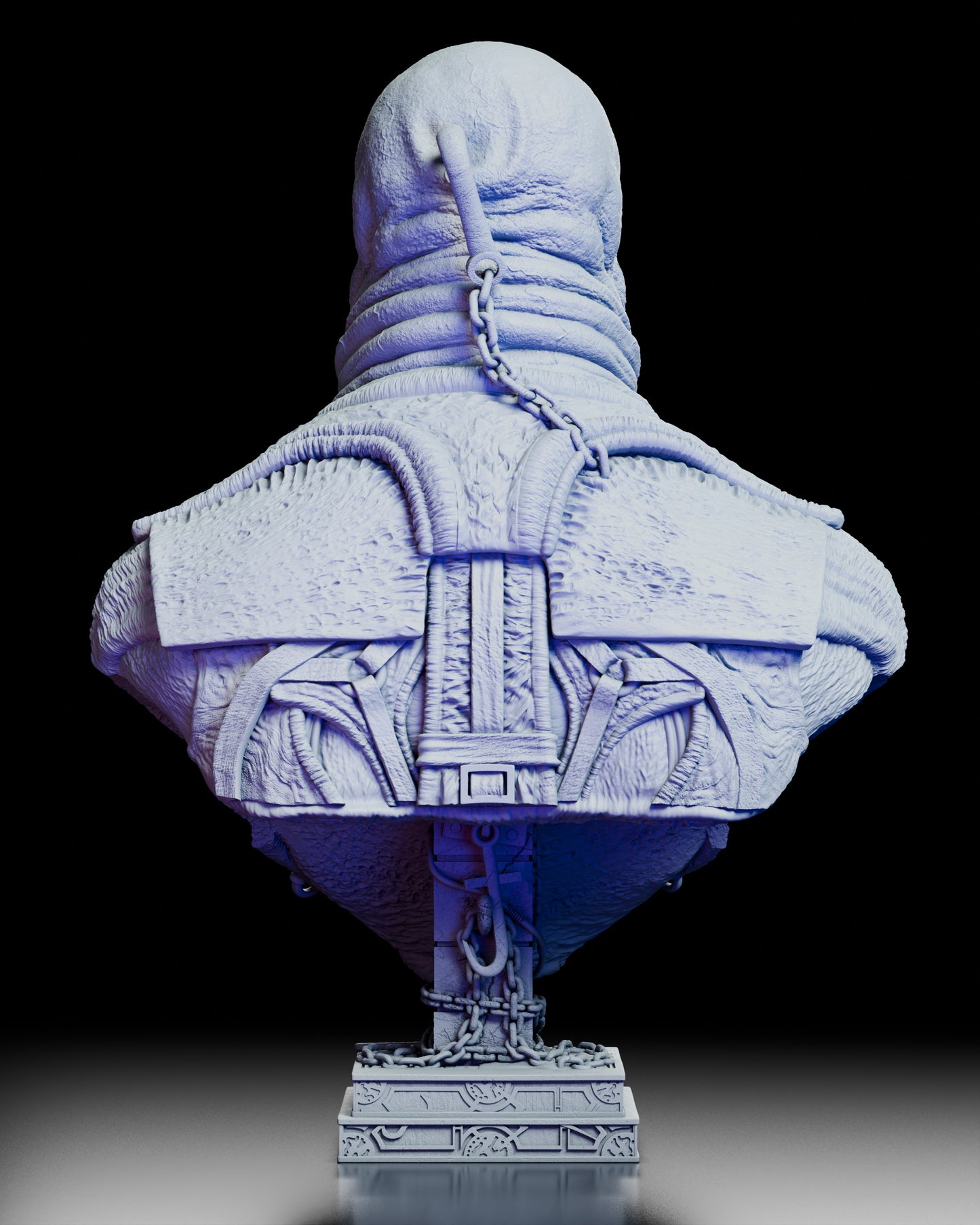 Back view of the Butterball Cenobite portrait bust showing the detailed folds, chain attachment, and textured upper garments.
