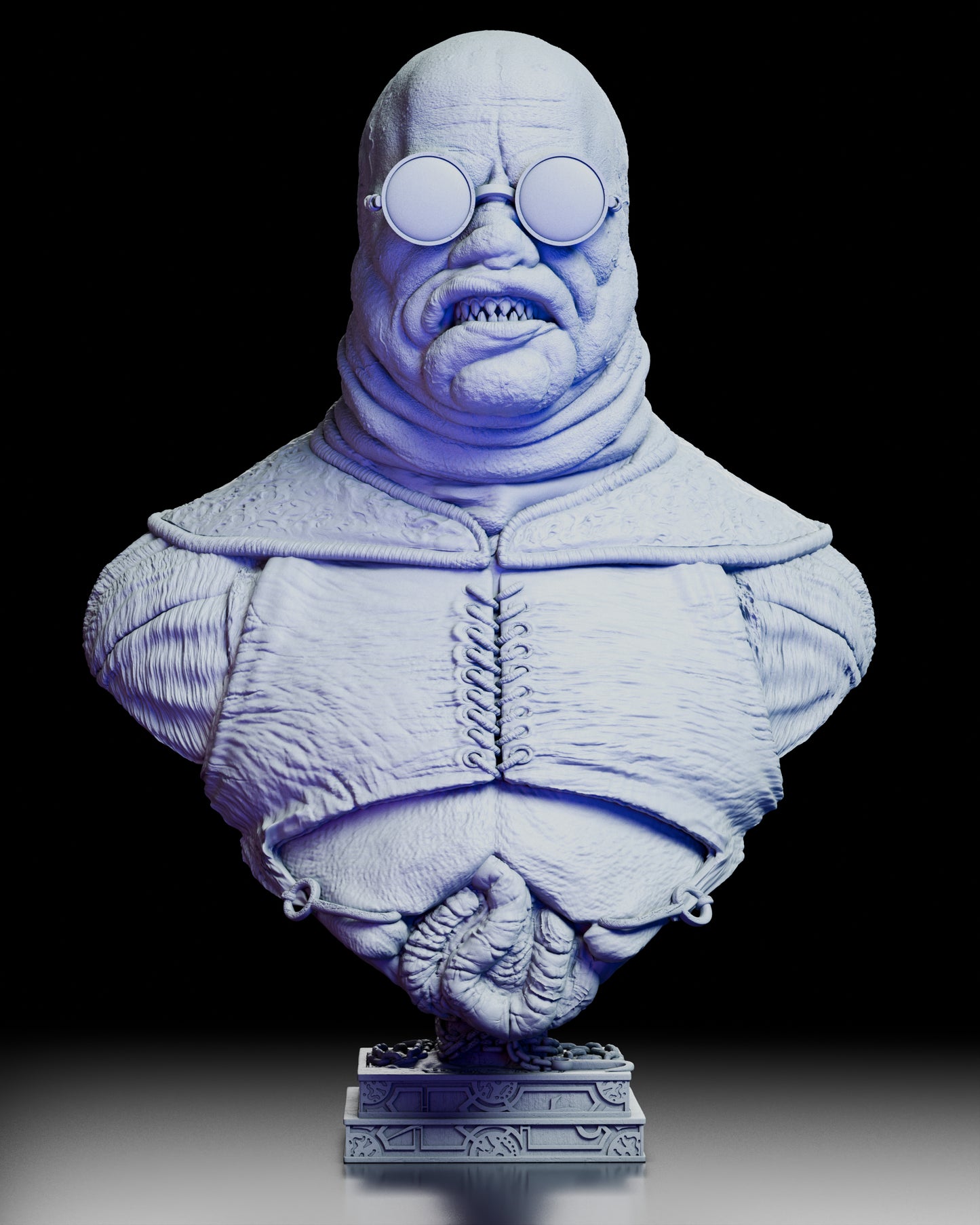 Front view of the Butterball Cenobite portrait bust featuring the iconic round glasses, stitched vest, and detailed facial textures.
