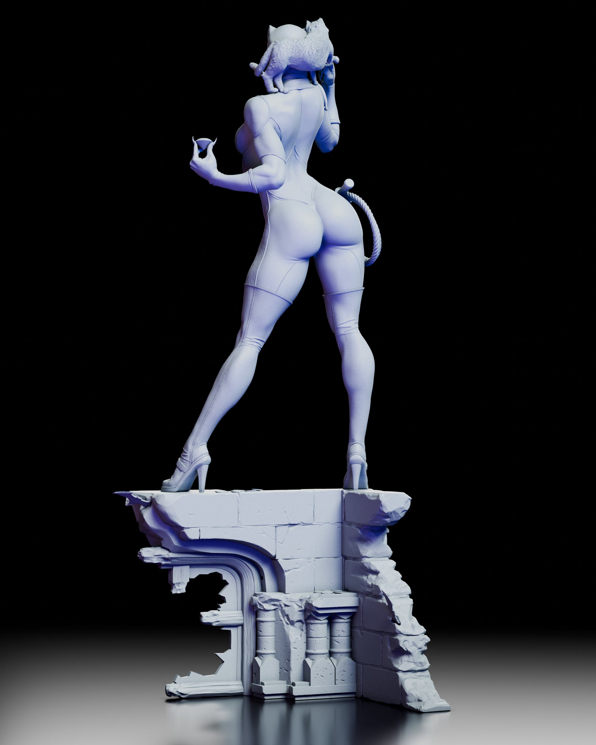 Rear view of the Catwoman figure kit by ZEZ Studios highlighting the sculpted suit details and feline companion on her shoulder