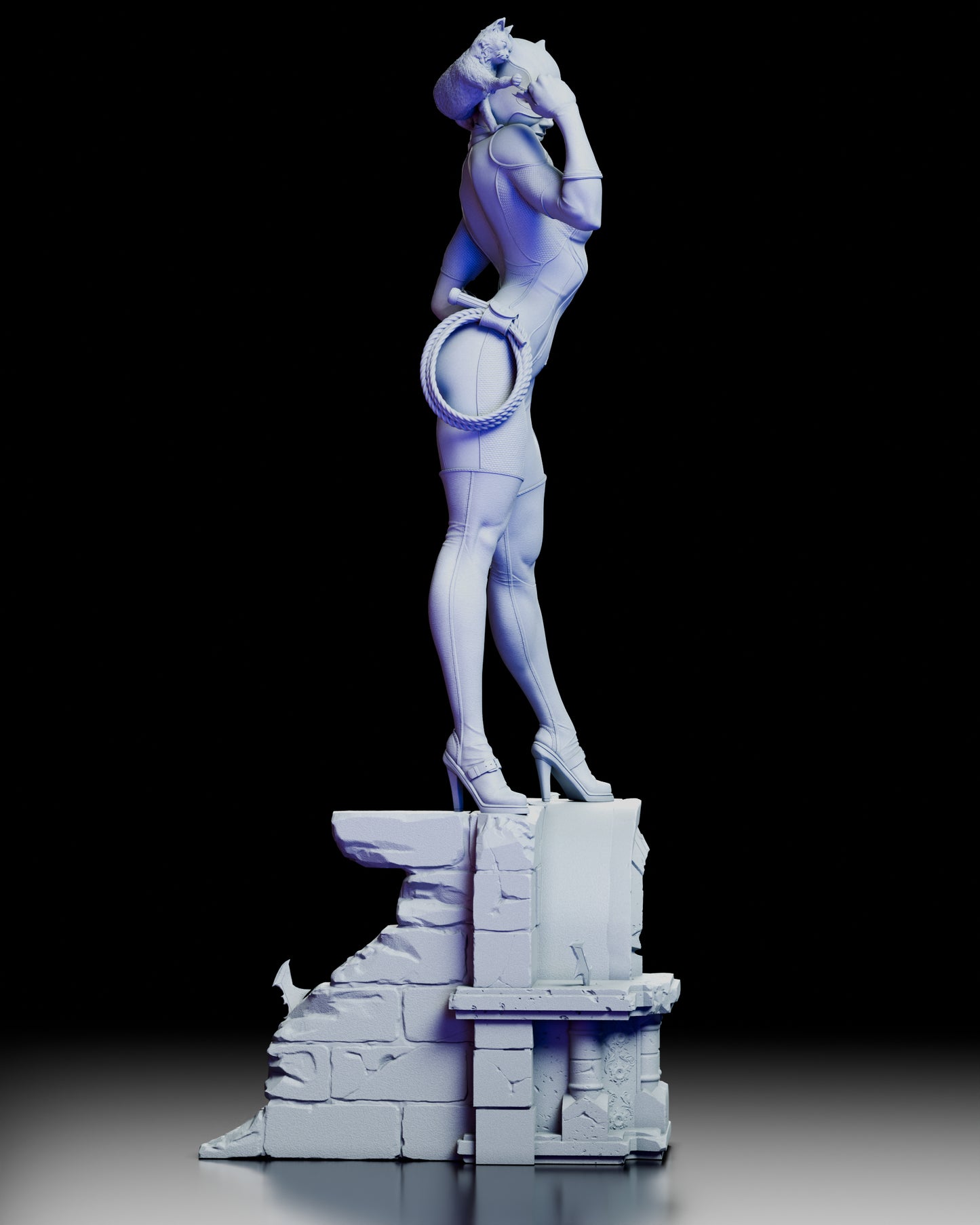 Right side profile of the Catwoman figure kit by ZEZ Studios emphasizing the textured suit and architectural display base