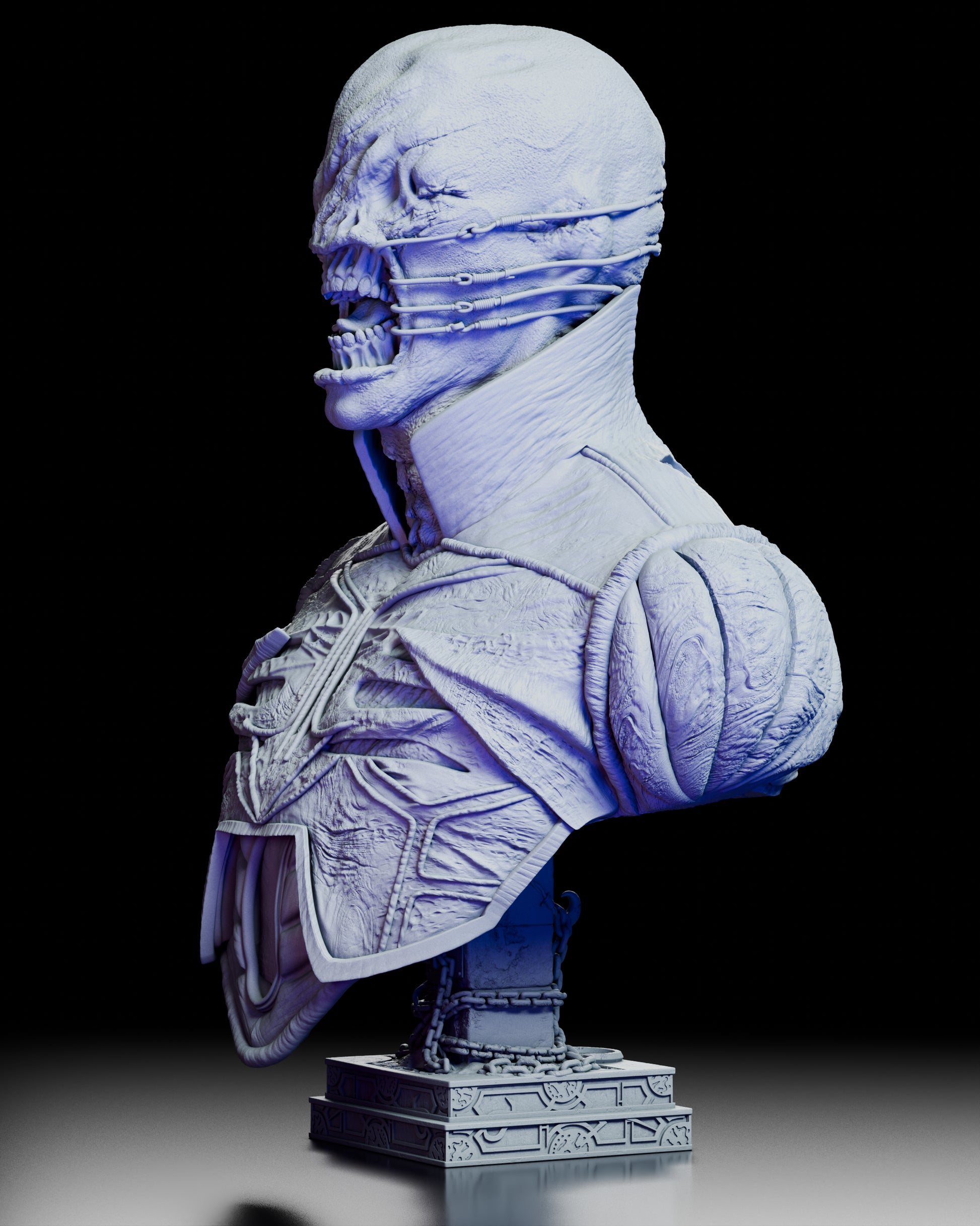 Left three quarter view of the Chatterer portrait bust highlighting the hooked facial tension, stretched skin, and layered anatomical textures