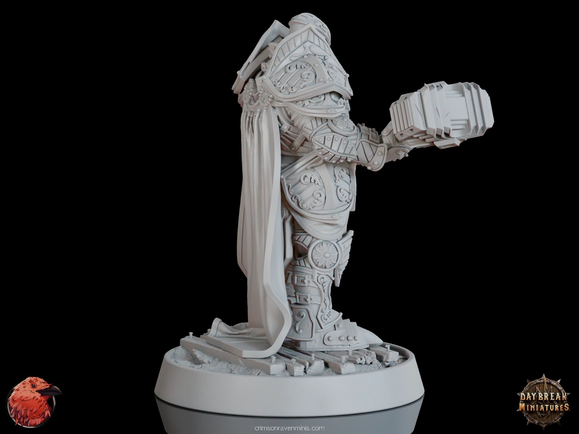 Side view of Chlodvig du Marteau Lord miniature in ornate armor wielding a large warhammer