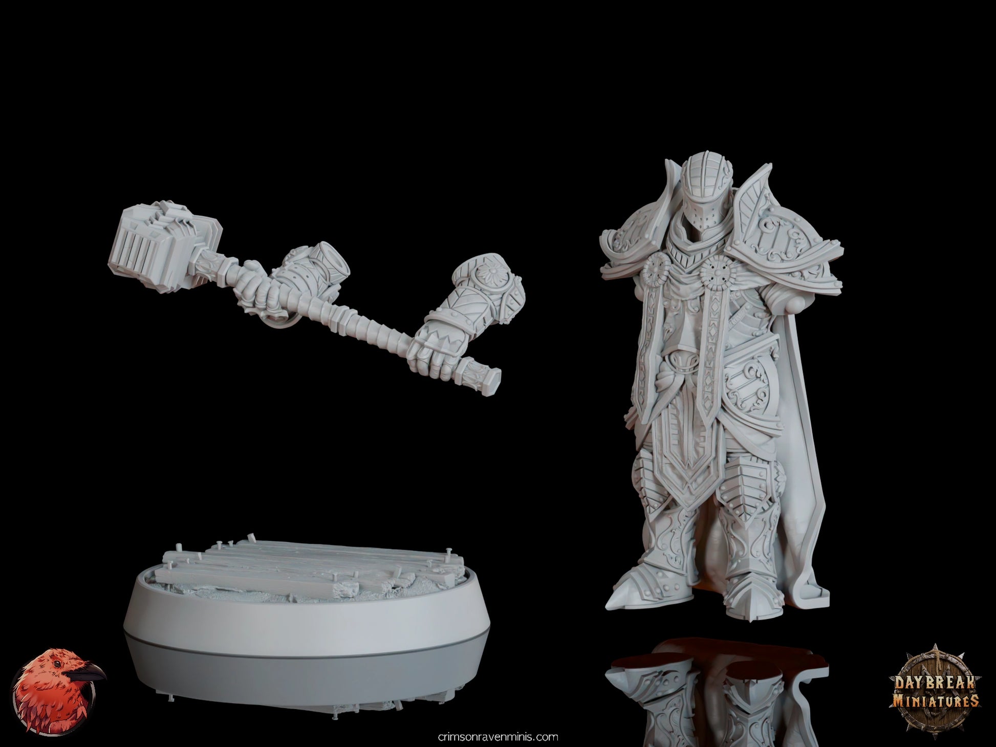 Chlodvig du Marteau Lord miniature displayed in parts: base, hammer, and armor for assembly