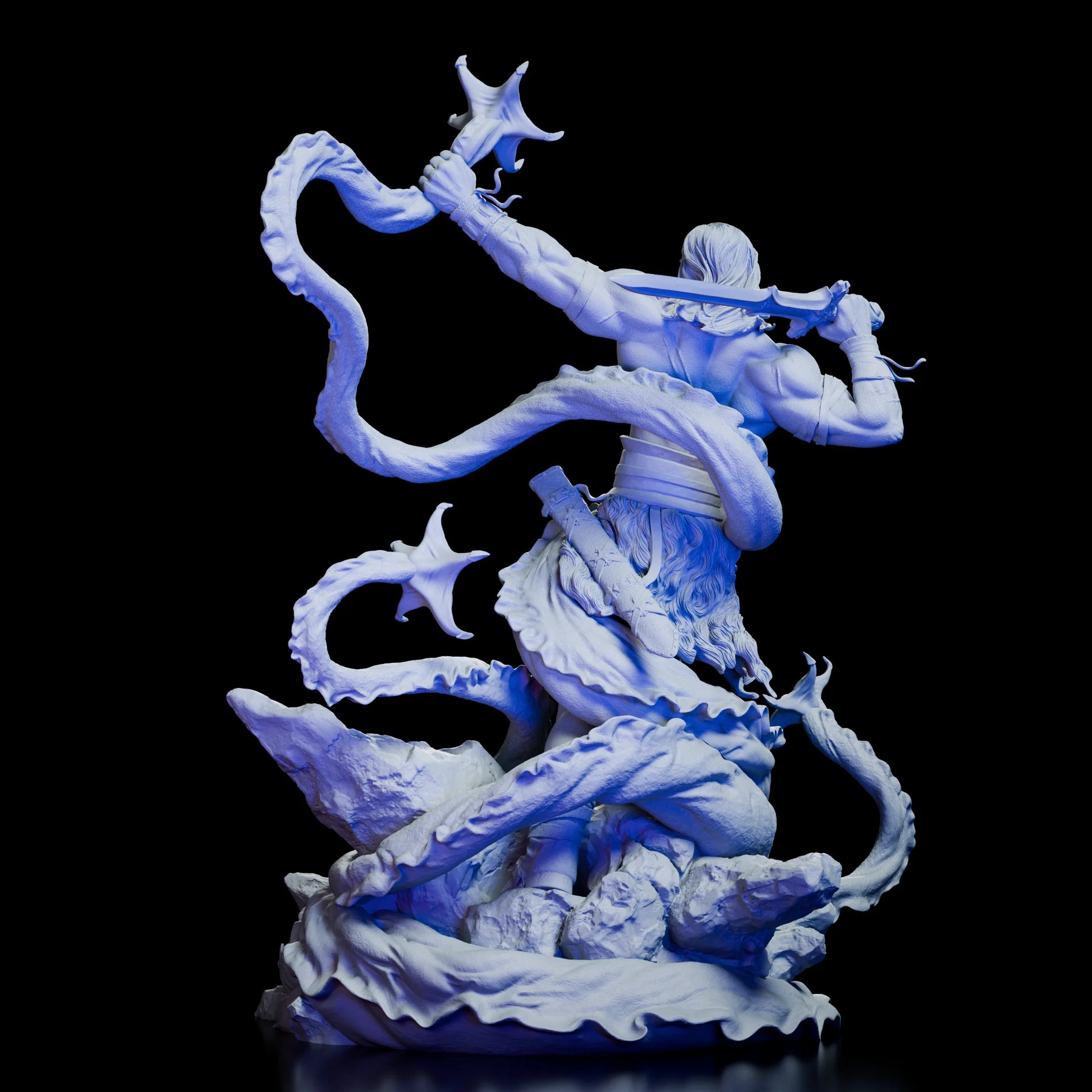 Back view of Conan Figure Model Kit showing sword raised and tentacles coiling around him