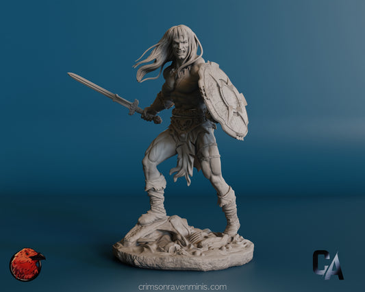 A detailed resin model of Conan the Barbarian, showcasing him in a fierce battle stance with a sword in his right hand and a shield in his left hand. He stands on a textured base, with his hair flowing behind him, wearing a loincloth and boots.