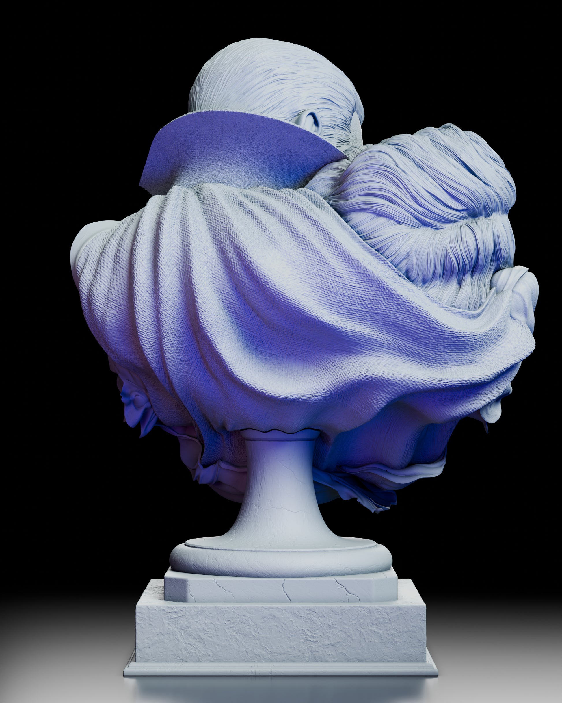 Rear view of Dracula and Mina gothic resin bust showcasing flowing cloak and sculpted drapery textures 