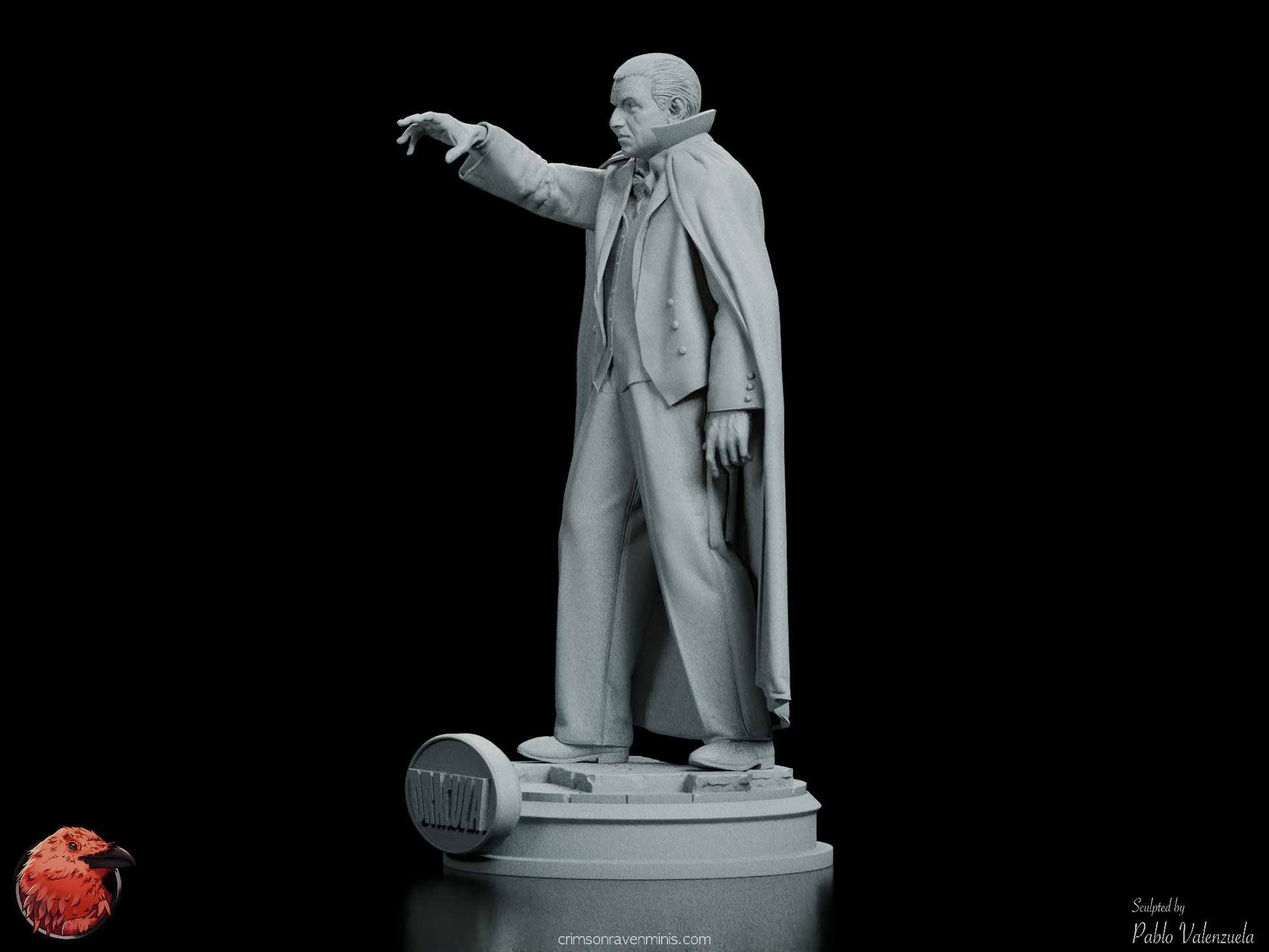 Left front angle of Dracula figure kit, highlighting the iconic pose and intense gaze of Bela Lugosi’s portrayal.