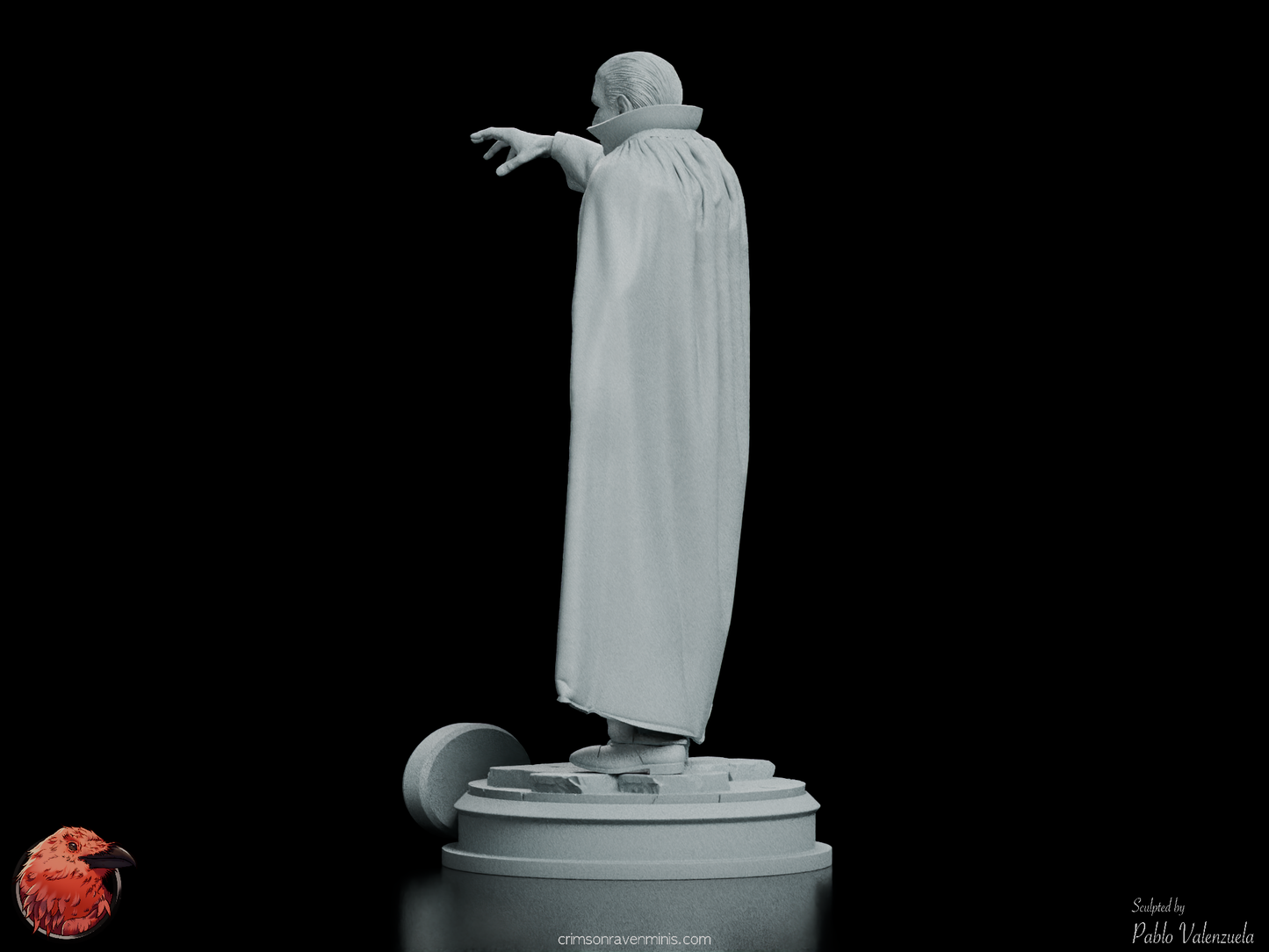 Left rear angle of Dracula figure kit, capturing the drape of his cloak and the finely detailed textures.