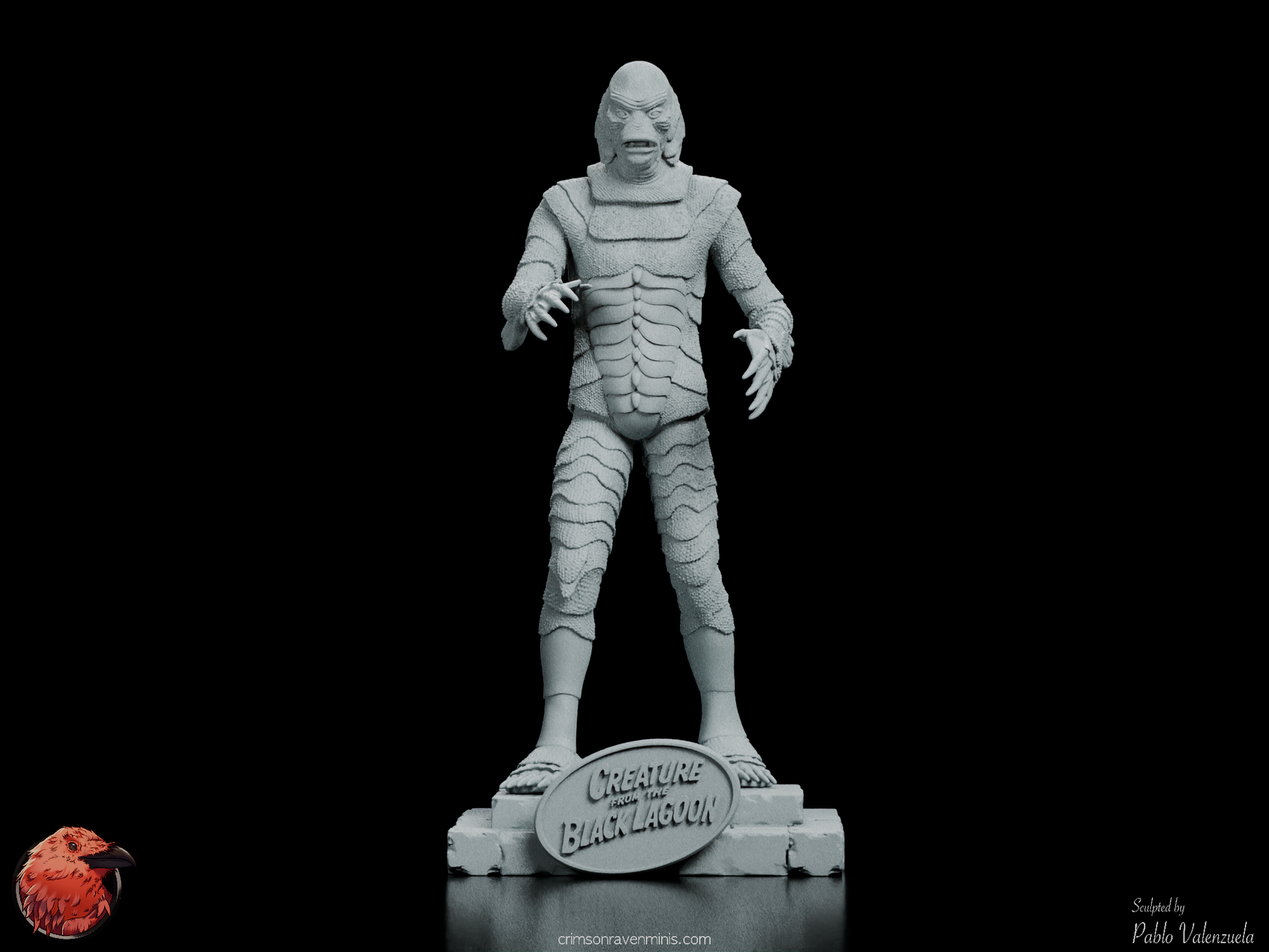 Front view of the Creature from the Black Lagoon figure kit, depicting the creature’s haunting gaze and finely detailed scales.