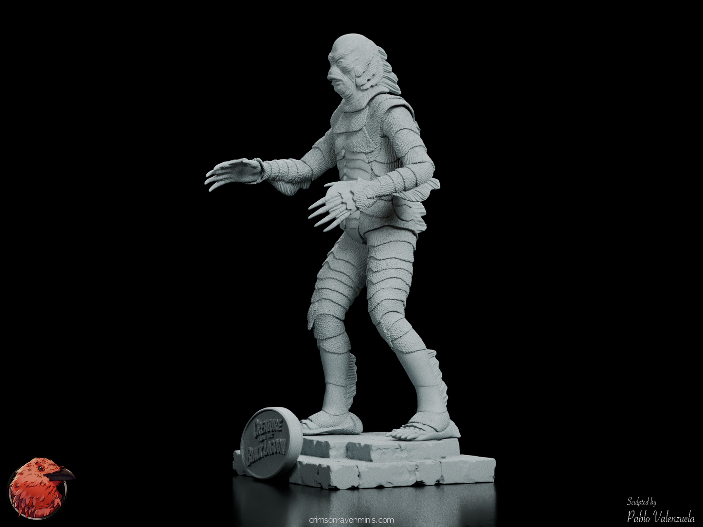 Left front angle of the Creature from the Black Lagoon figure kit, highlighting the creature’s scaly textures and intense gaze