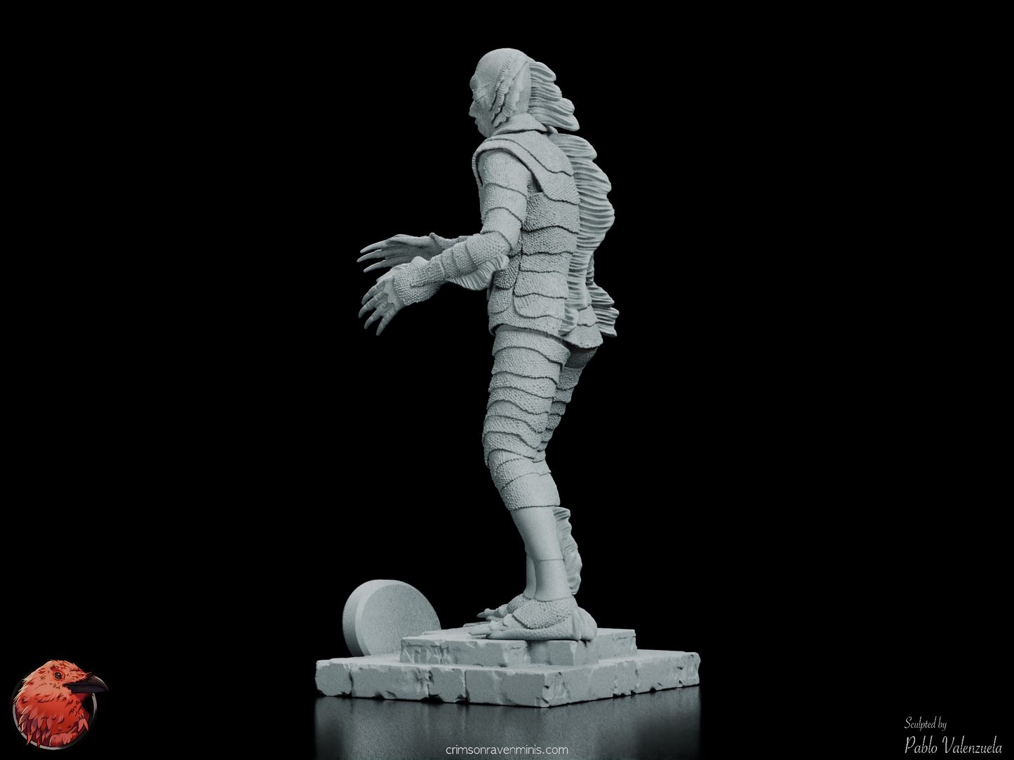 Left rear angle of the Creature from the Black Lagoon figure kit, showcasing the detailed back fin and textured scales.