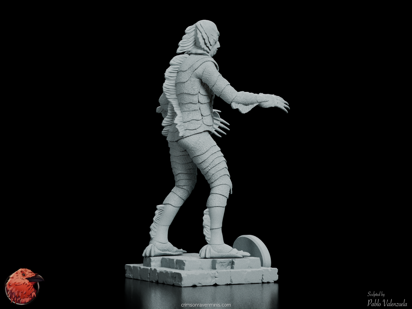 Right rear angle of the Creature from the Black Lagoon figure kit, capturing the webbed hands and the creature’s amphibious features