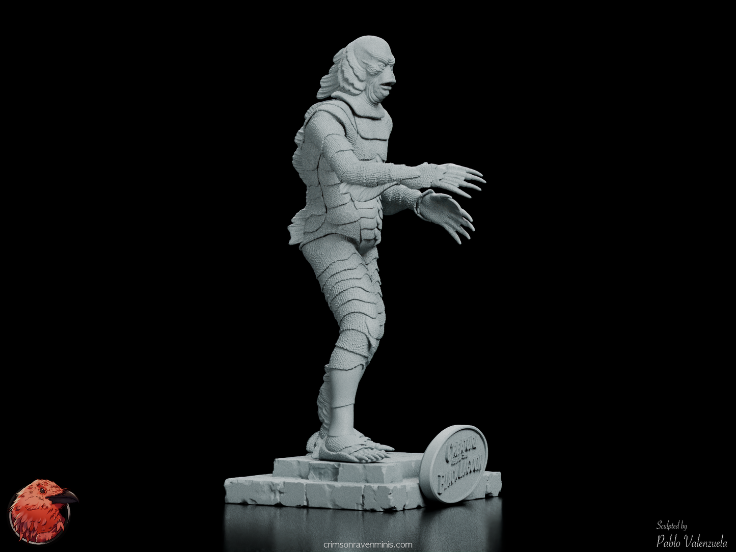 Right front angle of the Creature from the Black Lagoon figure kit, showcasing the iconic features and menacing expression.