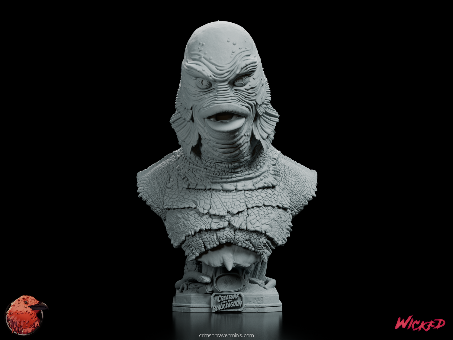 “Front view of the Creature from the Black Lagoon Portrait Bust by Wicked, highlighting the creature’s iconic scaly texture and bulging eyes.”