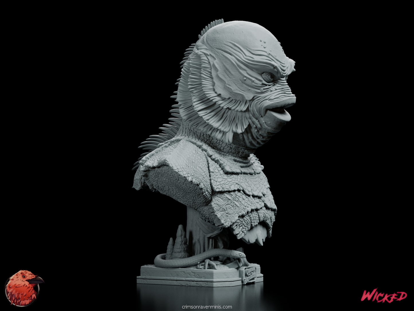 Right front angle of the Creature from the Black Lagoon Portrait Bust, showing the detailed gill structure and fin ridges along the head.