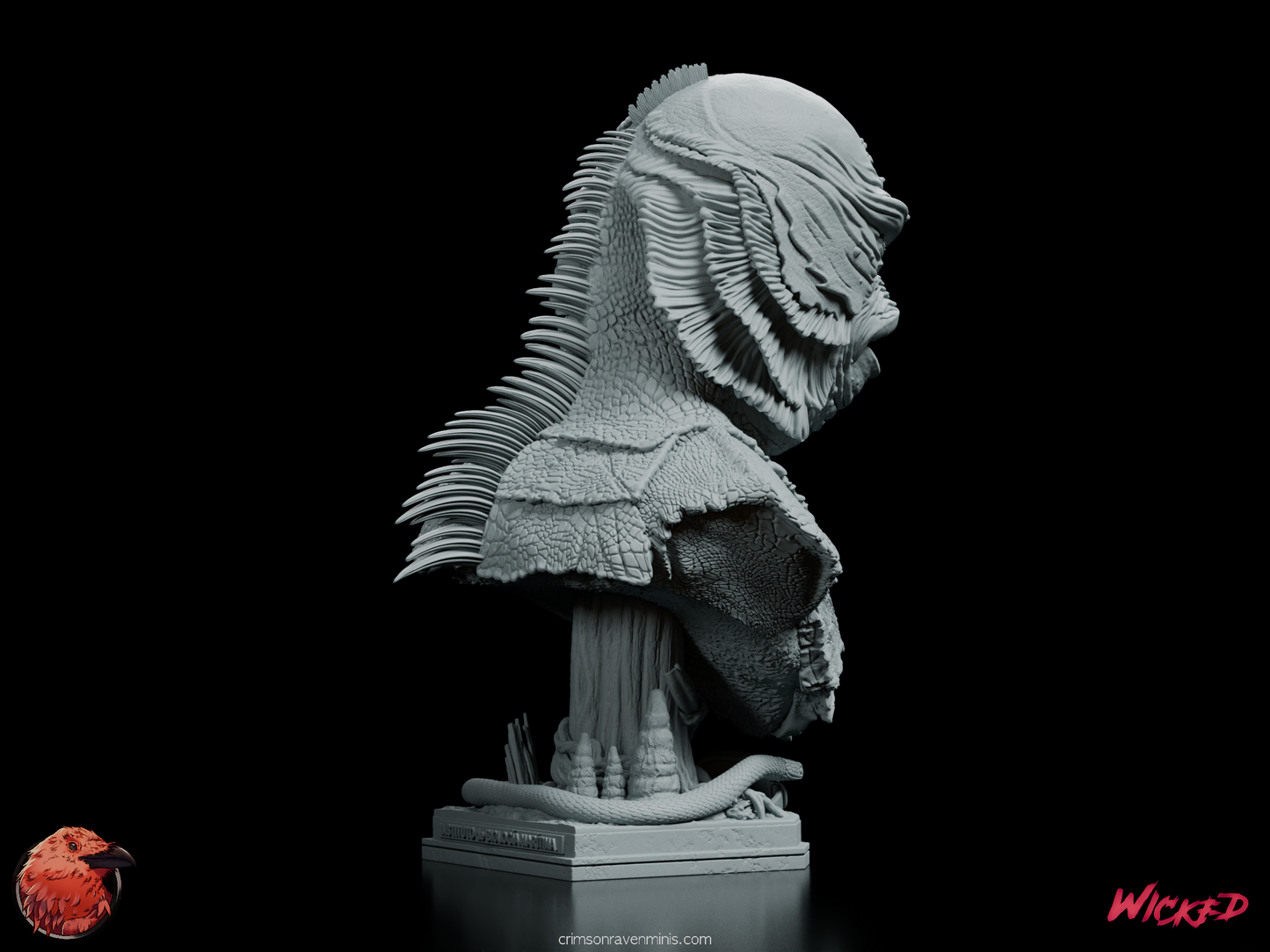 Right rear angle of the Creature from the Black Lagoon Portrait Bust, focusing on the layered textures and intricate scales across the back and shoulders.