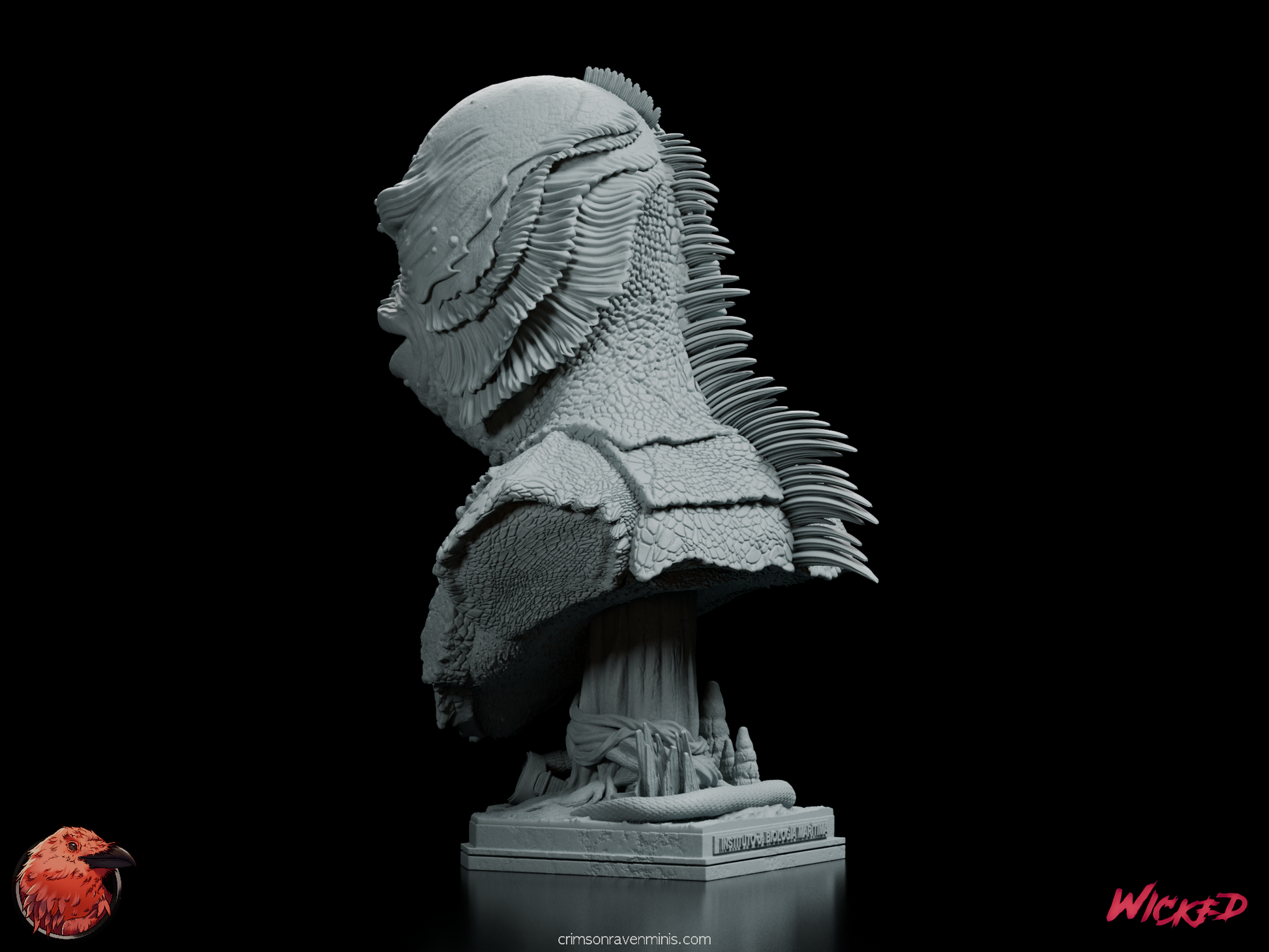 Left rear angle of the Creature from the Black Lagoon Portrait Bust, emphasizing the realistic scales and ridged fins extending from the head.